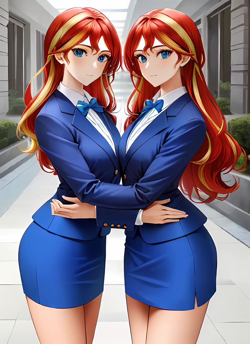 ((best quality)), ((highly detailed)), masterpiece, (detailed eyes, deep eyes), (2girls, duo, identical twins, clones, doppelganger), cowboy shot, SunsetHuman, (multicolored hair, (two-tone hair:1.1), red and blonde hair), BREAK, aqua eyes, ((office ladies, blue skirt suit, blue blazer, long sleeves, blue pencil skirt, blue tight skirt, bare legs, high heels, same color skirt suits, blazers and skirts are same color)), highly detailed faces, highly detailed bodies, mnstfc, skirt