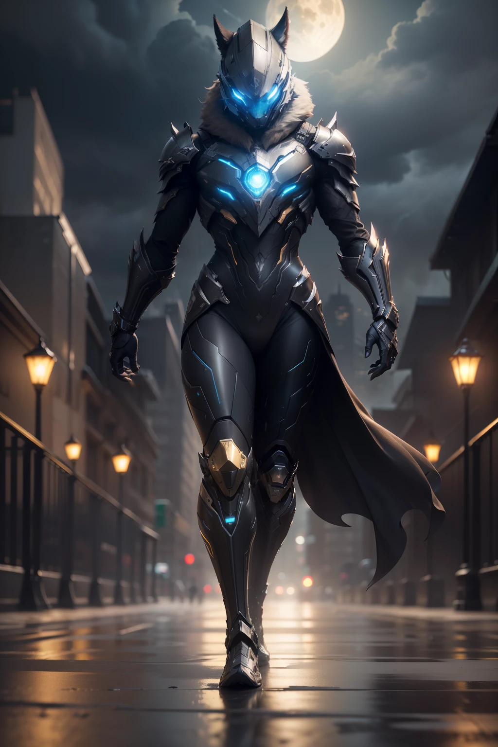 Wolf, beast, WARFRAME, intricate pattern, heavy metal, energy lines, faceless, glowing eyes, elegant, intense, blue and black uniform, solo, modern, city, streets, dark clouds, thunderstorm, heavy rain, dramatic lighting, (masterpiece:1.2), best quality, high resolution, beautiful detailed, extremely detailed, perfect lighting,(full body, (dynamic pose), action pose), (rim lighting, studio lighting, distant moon light, night, bloom), (cinematic, best quality, masterpiece, ultra HD textures, highly detailed, hyper realistic, intricate detail, 8k, photorealistic, concept art, matte painting, autodesk maya, vray render, ray tracing, hdr), (dslr, full frame, 16mm focal length, f/8 aperture, dynamic perspective, dynamic angle, golden ratio, wide photography, wide field of view, deep depth of field, zoom out) techwear, urbansamurai 3d, realistic cyborg in a cyberhelmet head