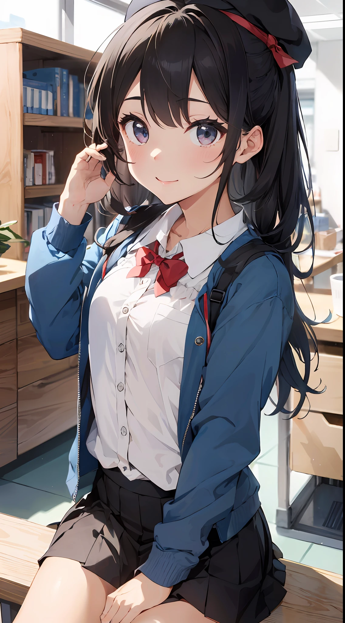 Masterpiece to the smallest detail、top-quality、1girl in、独奏、25-years old、140 cm、Petanko、(((Small:1.9)))、Hair with silky texture、Semi-long、Braids、Two-color mesh、Realistic eyes、Outstanding looks、unclear、proximity、closed_mouth、a smile、red blush、full of shyness、Hats that look good、Hats、pink bowtie、校服、 Blue jacket、jaket、skirt by the、Gray pretz skirt、Cutter shirt、white shirt、an legs、Black socks、sitting on、s Office、hair_ornament、looking_at_viewer、beatiful detailed eyes、Charming gestures、undergarment、seductiv、Professional effects、invite、Born princess、Receptionist、Large Enterprise Building