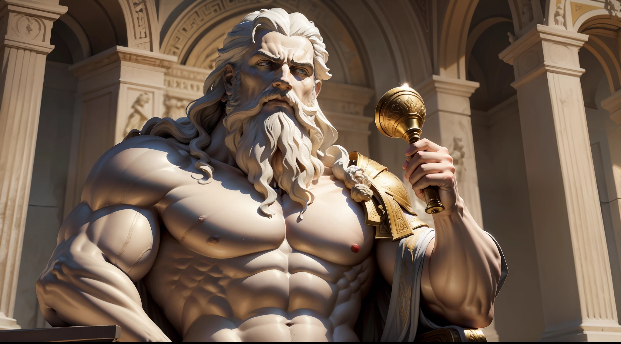 a close up of a statue of a man with a beard, statue of hercules looking angry, Furioso Deus Zeus, an ancient greek statue, deus grego, Greek marble statue, O Deus Hefesto, greco roman statue, ancient greek statue, epic scene of zeus, divino e estoico, Greek statue, O Deus Grego, O deus grego do vinho, com raiva, corpo inteiro. cor de ouro