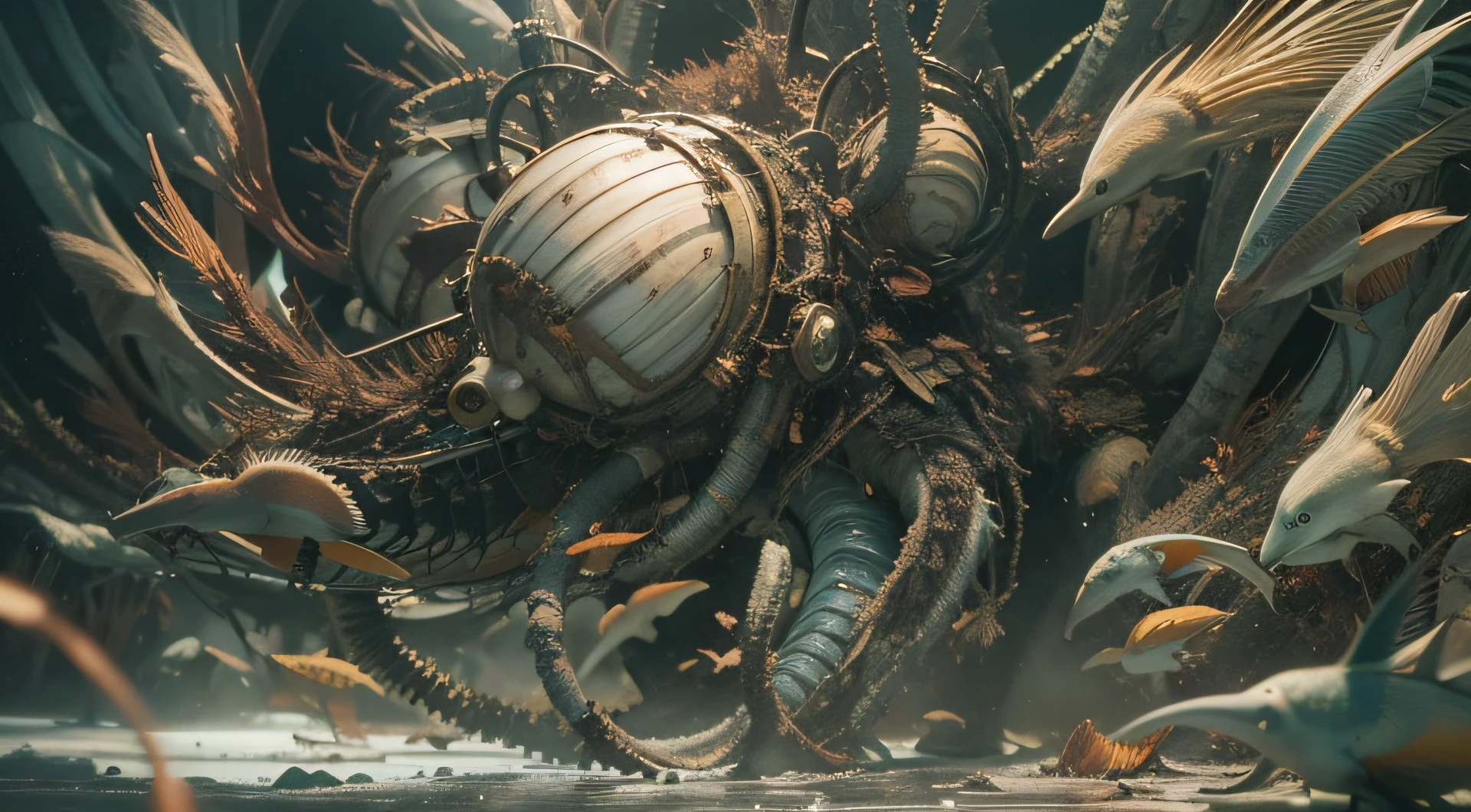 a heavily distorted, dim bounced light barren void, multiple sea creatures comprised of contorted feathers/machinery/pipes/rusted components is floating in the air, amorphous dark material is being warped and torn into remnants, extra detail, 4kHD details, best resolution, surrealistic composition, extreme view angle, motion blur, depth of field, foreshortening, tilted view angle, cinematic lighting, movie scene, precise details, intense details, panoramic image, image within image