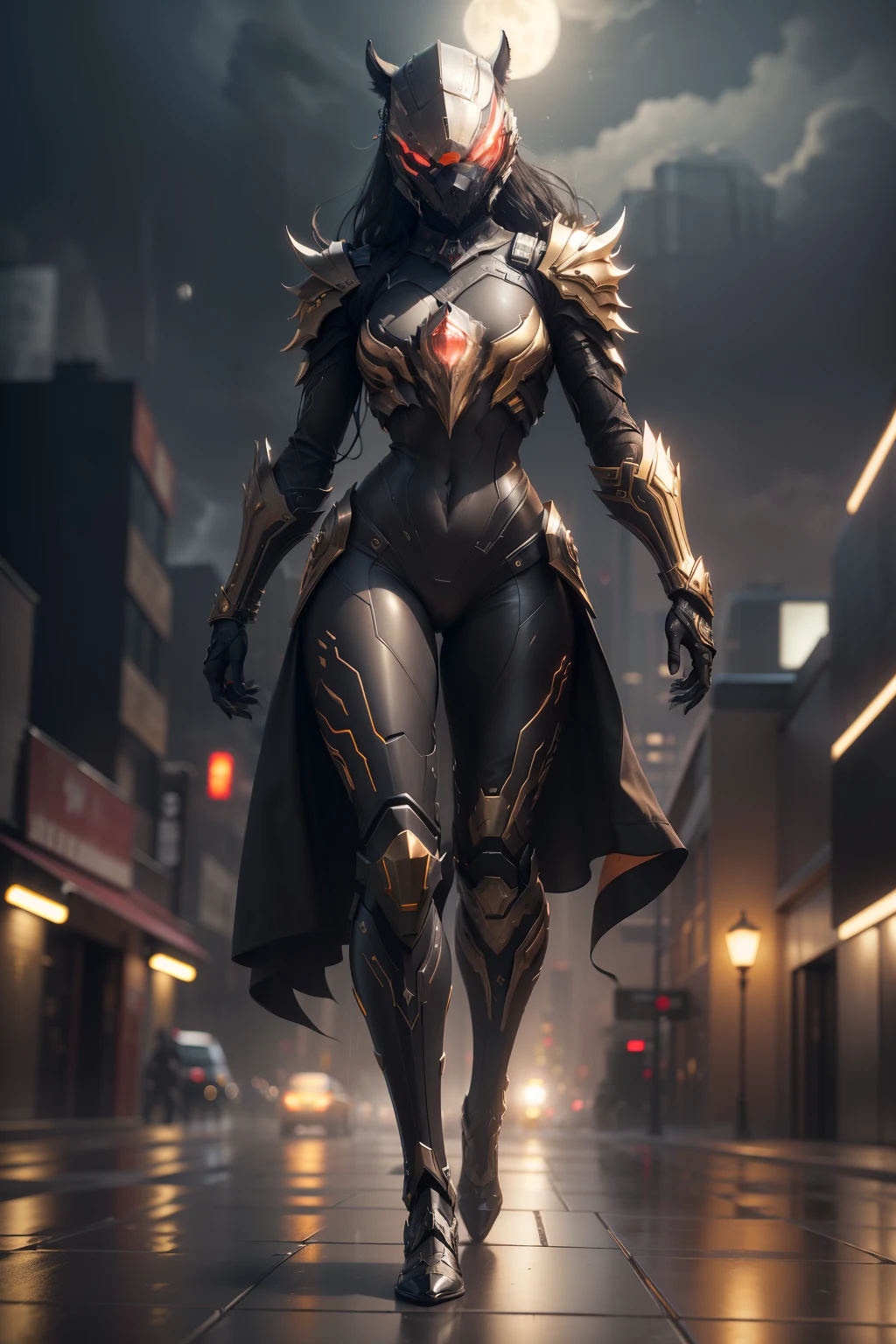 Werewolf, WARFRAME, intricate pattern, heavy metal, energy lines, faceless, glowing eyes, elegant, intense, blood red and gold uniform, solo, modern, city, streets, dark clouds, thunderstorm, heavy rain, dramatic lighting, (masterpiece:1.2), best quality, high resolution, beautiful detailed, extremely detailed, perfect lighting,(full body, (dynamic pose), action pose), (rim lighting, studio lighting, distant moon light, night, bloom), (cinematic, best quality, masterpiece, ultra HD textures, highly detailed, hyper realistic, intricate detail, 8k, photorealistic, concept art, matte painting, autodesk maya, vray render, ray tracing, hdr), (dslr, full frame, 16mm focal length, f/8 aperture, dynamic perspective, dynamic angle, golden ratio, wide photography, wide field of view, deep depth of field, zoom out) techwear, urbansamurai 3d, realistic cyborg in a cyberhelmet head