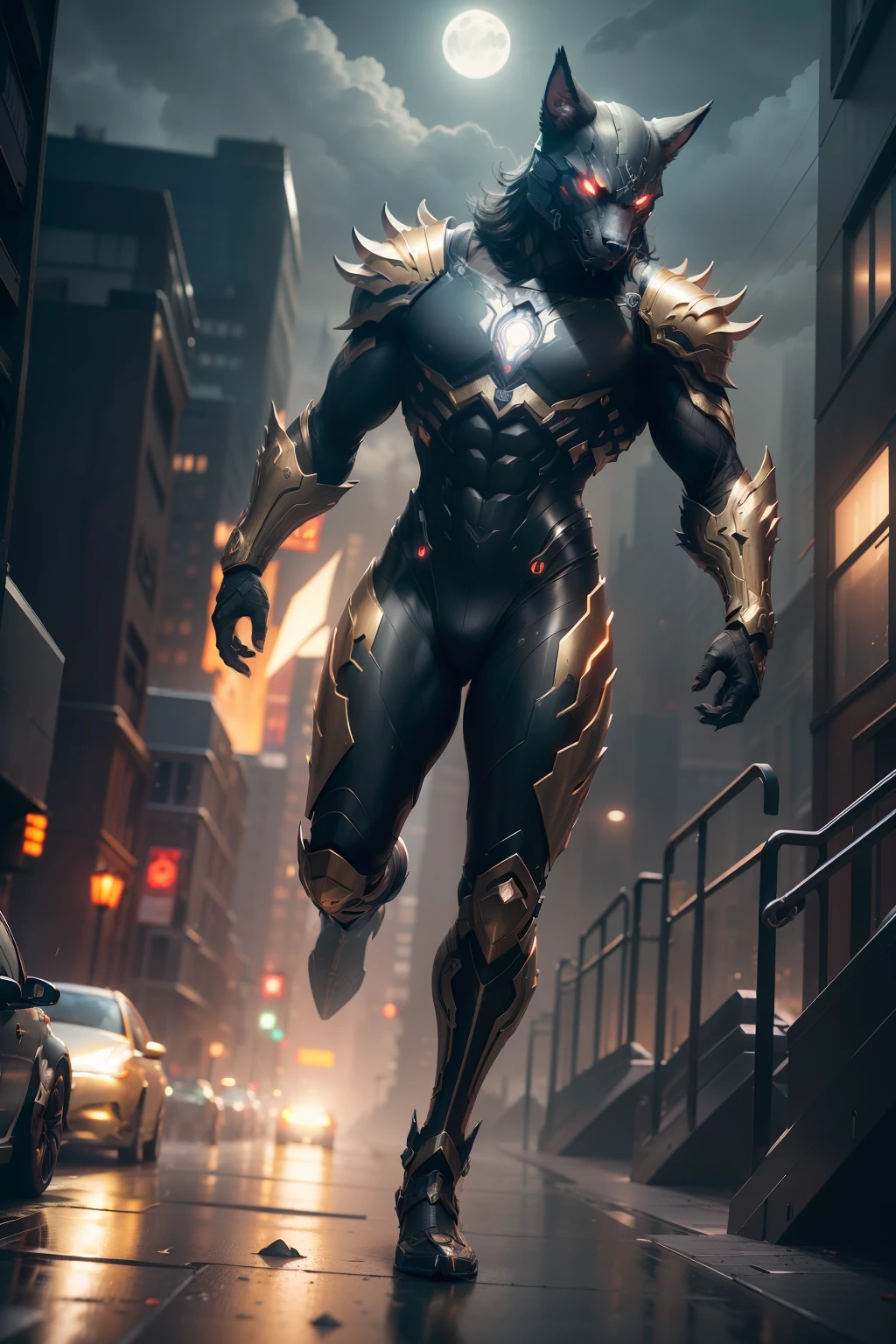 Werewolf, WARFRAME, intricate pattern, heavy metal, energy lines, faceless, glowing eyes, elegant, intense, blood red and gold uniform, solo, modern, city, streets, dark clouds, thunderstorm, heavy rain, dramatic lighting, (masterpiece:1.2), best quality, high resolution, beautiful detailed, extremely detailed, perfect lighting,(full body, (dynamic pose), action pose), (rim lighting, studio lighting, distant moon light, night, bloom), (cinematic, best quality, masterpiece, ultra HD textures, highly detailed, hyper realistic, intricate detail, 8k, photorealistic, concept art, matte painting, autodesk maya, vray render, ray tracing, hdr), (dslr, full frame, 16mm focal length, f/8 aperture, dynamic perspective, dynamic angle, golden ratio, wide photography, wide field of view, deep depth of field, zoom out) techwear, urbansamurai 3d, realistic cyborg in a cyberhelmet head