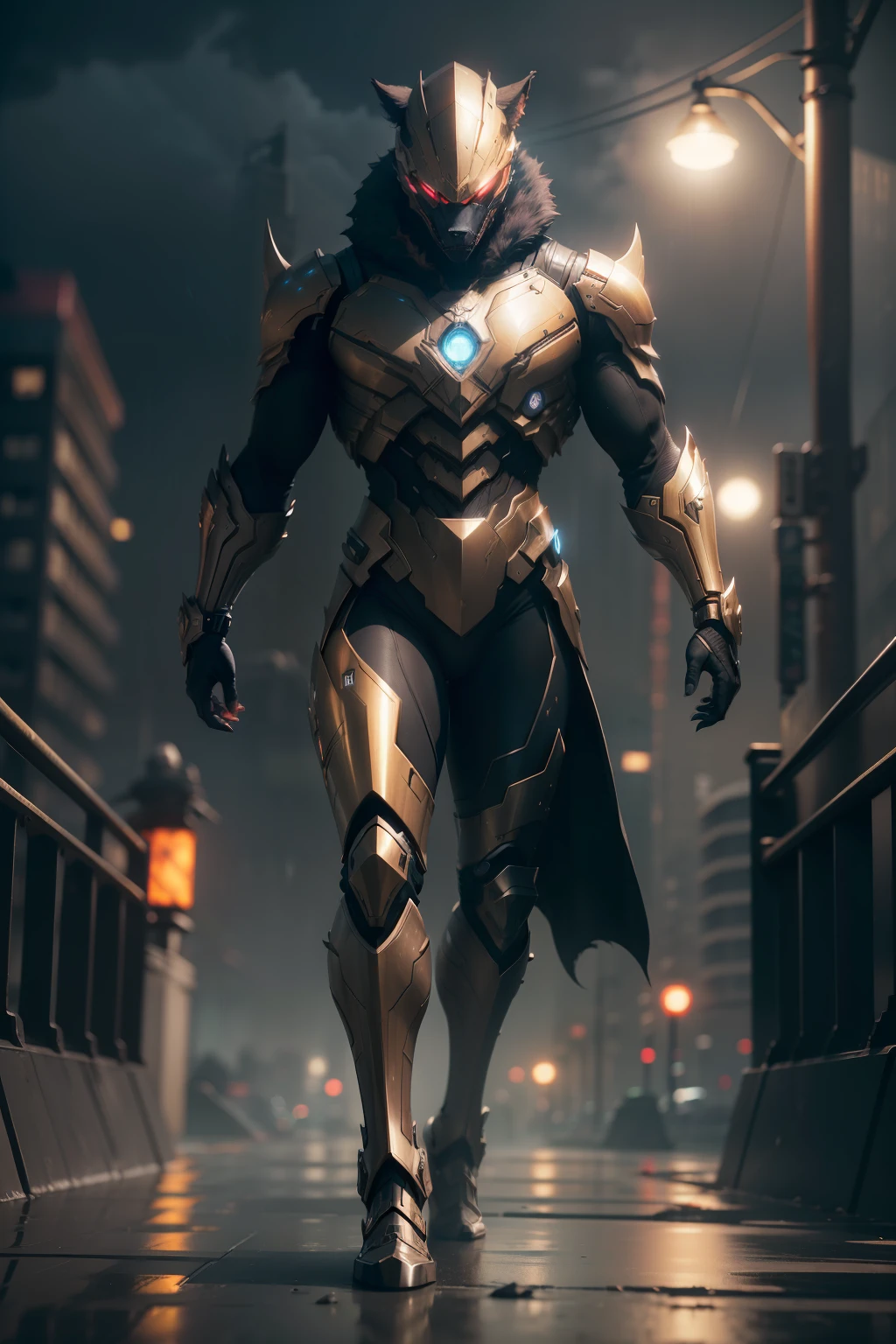 Werewolf, WARFRAME, intricate pattern, heavy metal, energy lines, faceless, glowing eyes, elegant, intense, blood red and gold uniform, solo, modern, city, streets, dark clouds, thunderstorm, heavy rain, dramatic lighting, (masterpiece:1.2), best quality, high resolution, beautiful detailed, extremely detailed, perfect lighting,(full body, (dynamic pose), action pose), (rim lighting, studio lighting, distant moon light, night, bloom), (cinematic, best quality, masterpiece, ultra HD textures, highly detailed, hyper realistic, intricate detail, 8k, photorealistic, concept art, matte painting, autodesk maya, vray render, ray tracing, hdr), (dslr, full frame, 16mm focal length, f/8 aperture, dynamic perspective, dynamic angle, golden ratio, wide photography, wide field of view, deep depth of field, zoom out) techwear, urbansamurai 3d, realistic cyborg in a cyberhelmet head