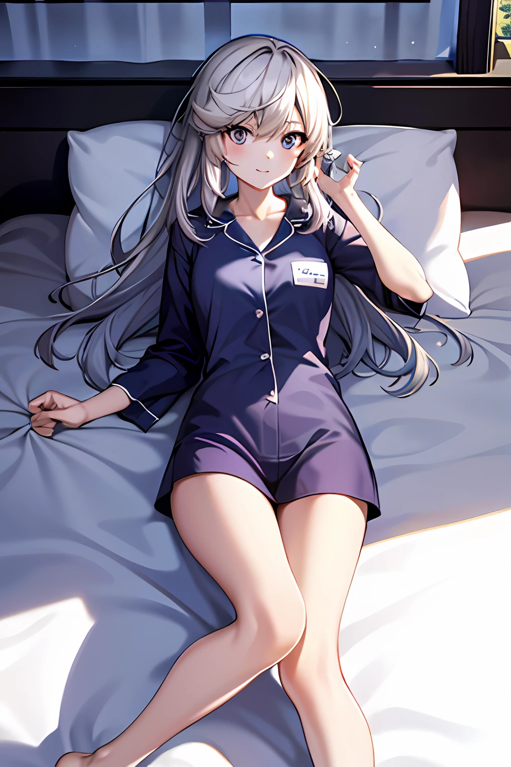 one-girl, pyjamas, In the room, Lie down in bed, long whitr hair, Thin leg，slimfigure, window, nigh sky, White hair, Ray tracing,  modern, 8K, ccurate, Masterpiece, High details, High quality