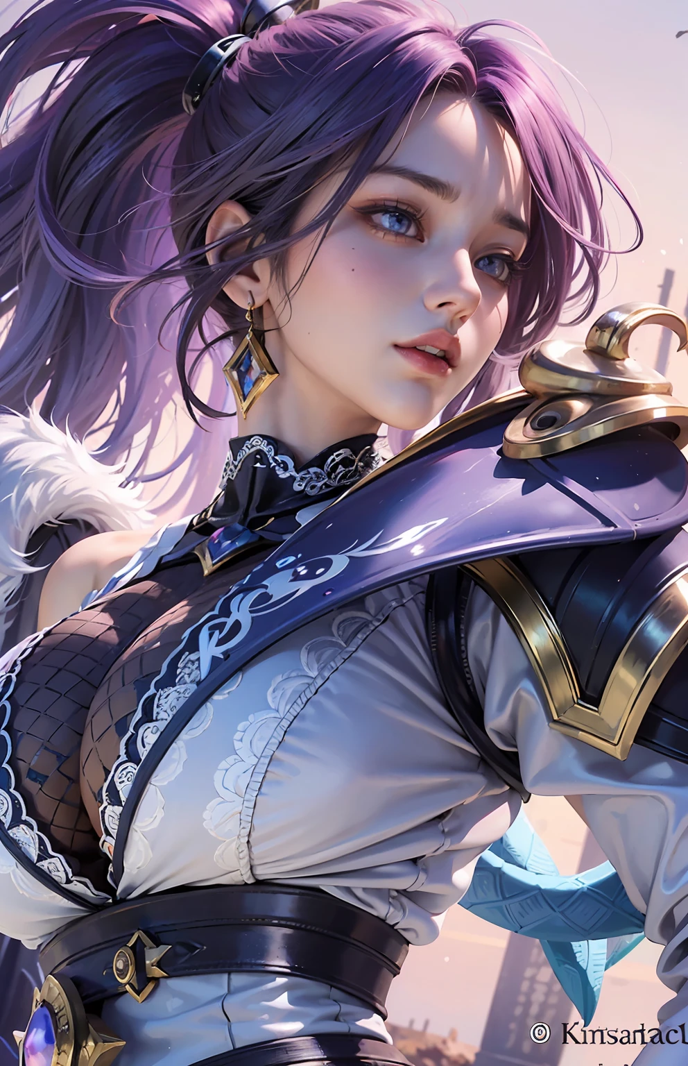 Irelia from League of Legends, KDA Irelia ((Realistic light, Best quality, 8k, Masterpiece :1.3)), Selfie, 1girl, Pretty woman with perfect figure :1.4, abs :1.1, (Light Purpel hair, Huge breasts :1.5), arabic dress :1.2, Bed, Ultra-detailed face, Detailed eyes, Double eyelid, perfect hands perfect fingers perfect breasts perfect hair perfect face perfect body