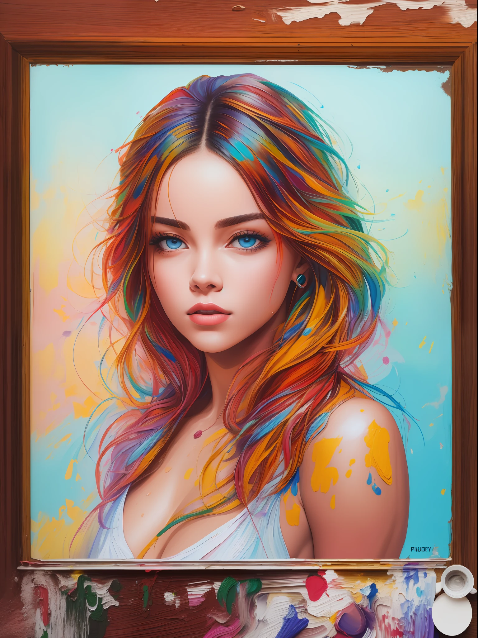Hand painting, oil paint painting, de um rosto de uma mulher bonita, jovem de 25 anos, Fundo com pinceladas coloridas, auto retrato realista, 8k UHD, DSLR, grain of film, pintura fotorrealista Fujifilm XT3 arte midjourney,
