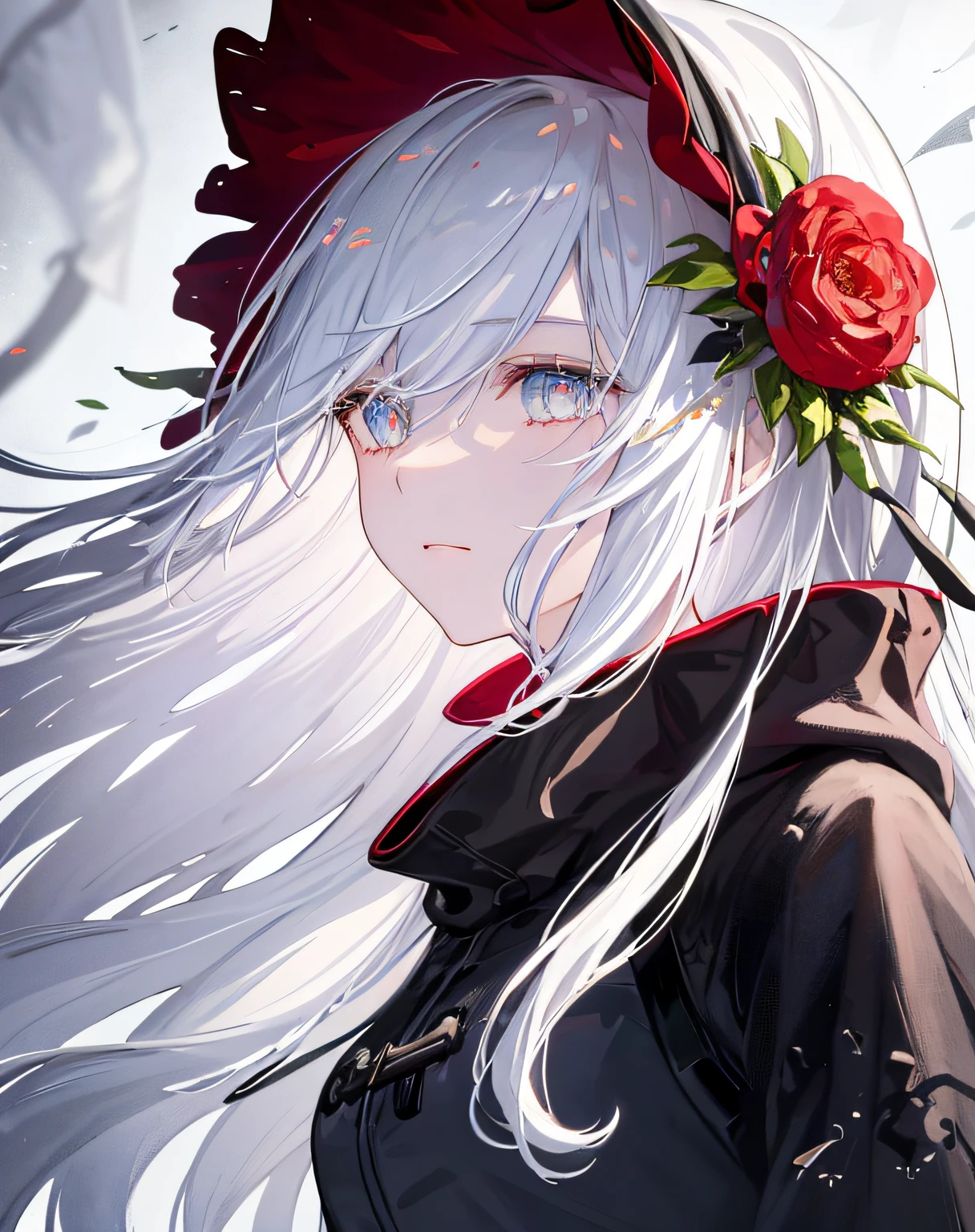 1girl,solo,1girl,solo,((beautiful detailed eyes)), (detailed light),depth of field,(white hair),silver eyes,hair over one eye,(red flower ), hair flower,long hair,black cloak,wet,emotionless,looking back,night,starfall,raining,fog,red flowers falling,sketch,upper body,intense shadows,