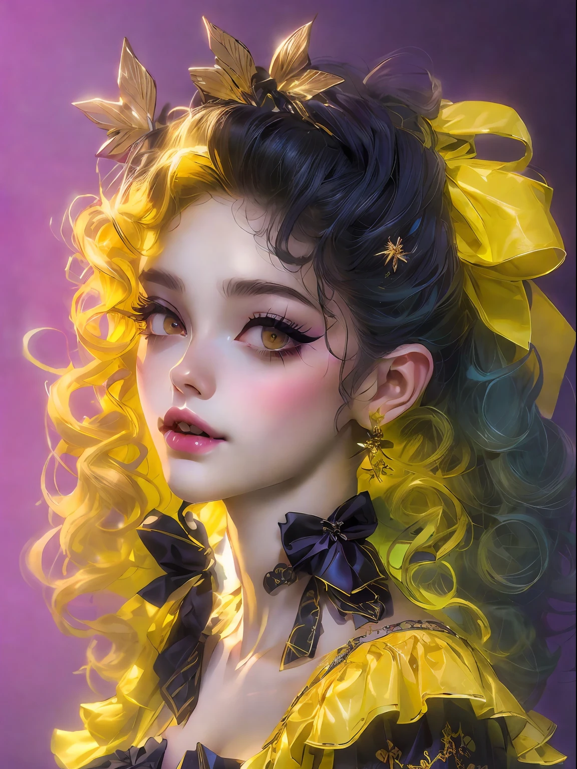 HighestQuali,tmasterpiece:1.2,Detailed details,(high qulity),Kizi,A pretty girl,ssmile,Long black wavy curly hair,yellow bow,Purple clothes,ta prostitute,Gorgeous costumes,white backgrounid,Bust,Dingdall effect,k hd