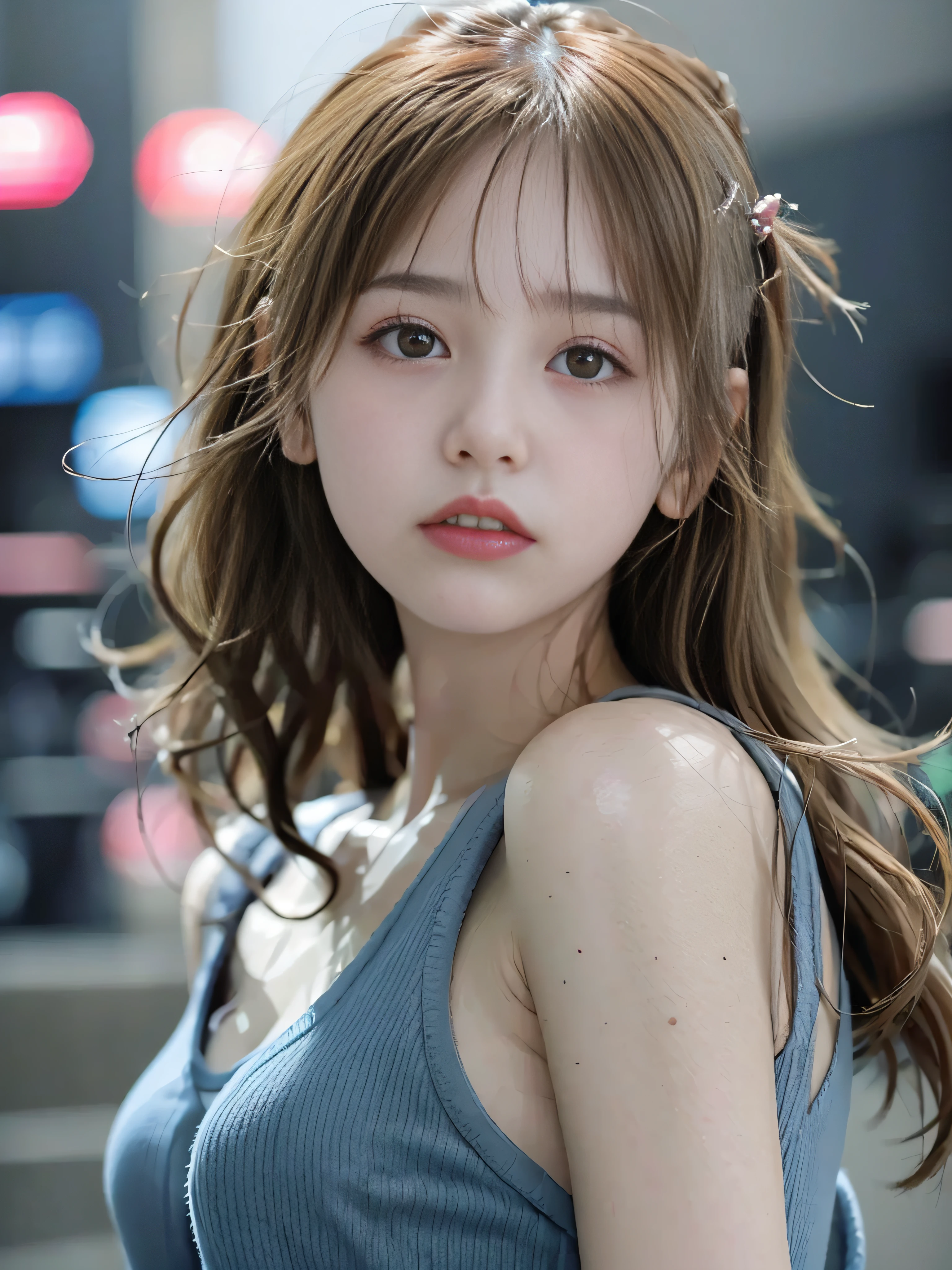top-quality、masterpiece、超A high resolution、(Photorealsitic:1.4)、Raw photo、Detailed CG image quality、cyberpunked、Beautiful fece、1girl in、Future hair ornament、Pink Nylon Jumper、Colorful thin latex tank top、cleavage of the breast、detailed portrait、8K picture quality、bright colour、concept-art、Cinematic and dramatic atmosphere、foco nítido、Volumetric lighting、Cinematographic lighting、Wearing studio quality、Colorful neon lighting、depth of fields、Ambient lighting、Blurred foreground、blurry backround:1.3、