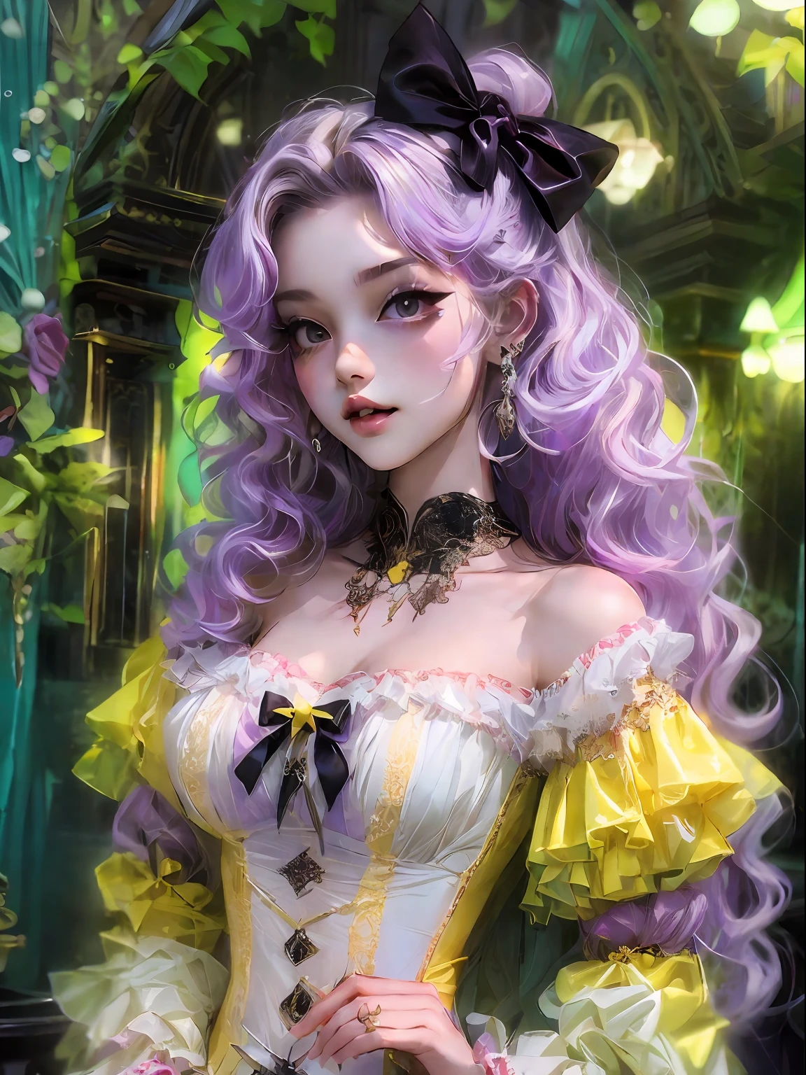 HighestQuali,tmasterpiece:1.2,Detailed details,(high qulity),Kizi,A pretty girl,ssmile,Long black wavy curly hair,yellow bow,Purple clothes,ta prostitute,Gorgeous costumes,white backgrounid,Bust,Dingdall effect,k hd