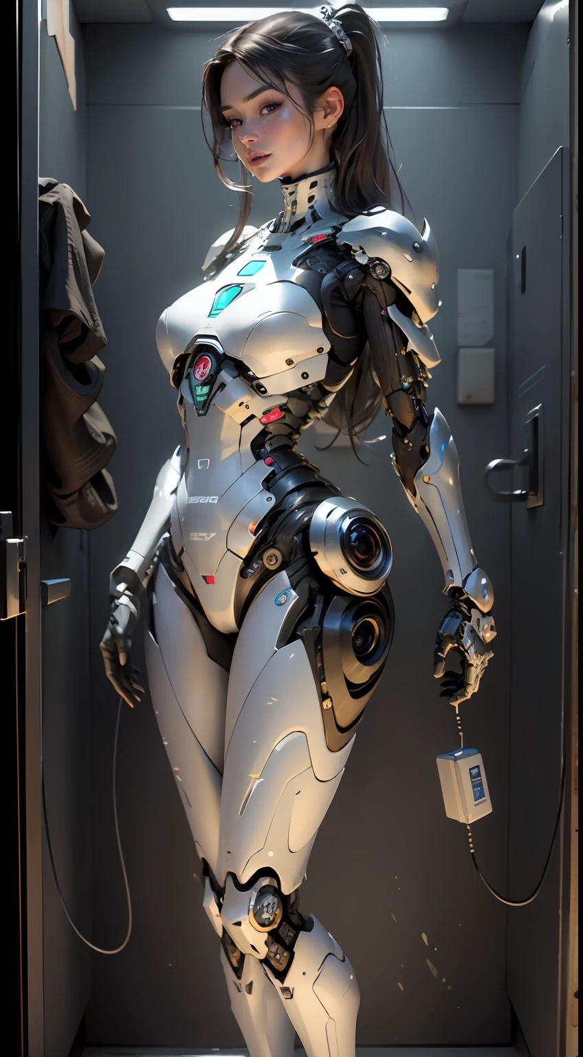complex 3d render ultra detailed of a beautiful porcelain profile woman android face, cyborg, robotic parts, 150 mm, beautiful studio soft light, rim light, vibrant details, luxurious cyberpunk, lace, hyperrealistic, anatomical, facial muscles, cable electric wires, microchip, elegant, beautiful background, octane render, H. R. Giger style, 8k, best quality, masterpiece, illustration, an extremely delicate and beautiful, extremely detailed ,CG ,unity ,wallpaper, (realistic, photo-realistic:1.37),Amazing, finely detail, masterpiece,best quality,official art, extremely detailed CG unity 8k wallpaper, absurdres, incredibly absurdres, robot, silver halmet, full body, entire body, legs, concept, front and back, full body