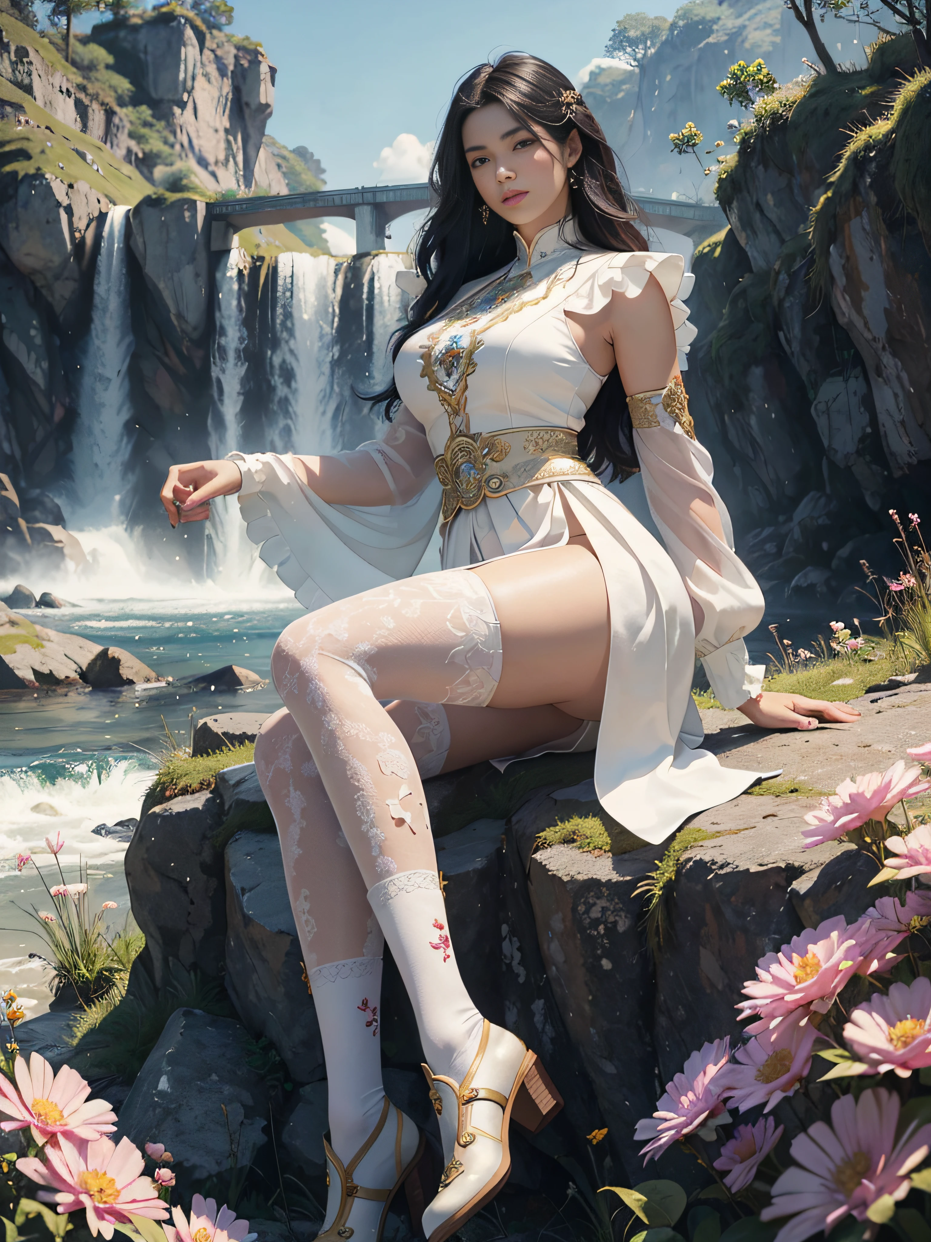 full-body portraits， stunningly beautiful， dynamicposes，best qualityer，hyper-detailing，illustratio，Fine and detailed eyes and detailed face，swordsmen，Woman，mature，Royal sister，Wearing a white antique dress，The skirt is embroidered with a light pattern，Wearing booties on his feet，Exposes over-the-knee cotton socks，long socks，Show off the booty look，Walk among the flowers,Beautiful appearance、A martial arts beauty with a refined temperament，Hair like a waterfall，It is black and bright，Naturally drapes to the waist，Flutter in the wind，Straight face，The bridge of the nose is straight，Lips are rosy as cherries，Tall and curvy，Slim waist，line sleek