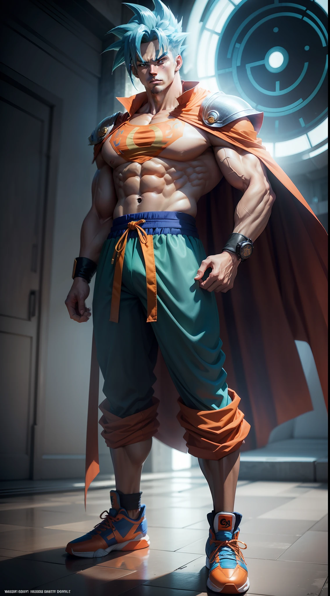 guy, 1 guy, tall, muscular, perfect body, full body, stare intently, looking at the viewer, wearing goku shirt from dragon ball anime, blue hair, shoes, cape on shoulders, anime dragon ball style, hd quality, 4k
