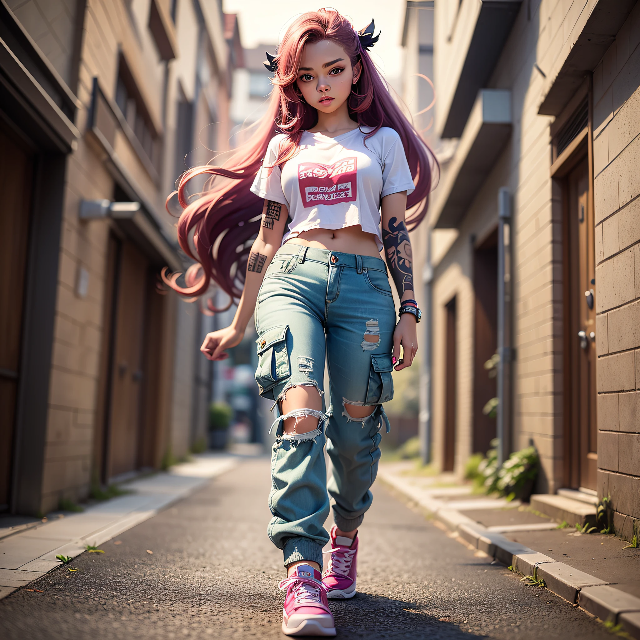 (Masterpiece:1.4),(Best Quality:1.4), ultra high definition, very detailed,
1girl, long curly hair, arm tattoos, white oversized t-shirt, white cargo pants, hot pink sneakers, ((torn clothing)), walking with back to viewer, low angle, isometric perspective