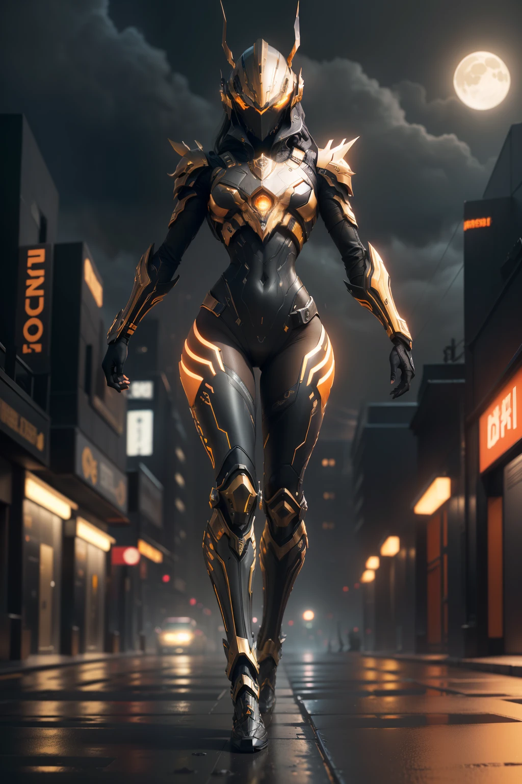 Anubis, WARFRAME, intricate pattern, heavy metal, energy lines, faceless, glowing eyes, elegant, intense, orange and black uniform, solo, modern, city, streets, dark clouds, thunderstorm, heavy rain, dramatic lighting, (masterpiece:1.2), best quality, high resolution, beautiful detailed, extremely detailed, perfect lighting,(full body, (dynamic pose), action pose), (rim lighting, studio lighting, distant moon light, night, bloom), (cinematic, best quality, masterpiece, ultra HD textures, highly detailed, hyper realistic, intricate detail, 8k, photorealistic, concept art, matte painting, autodesk maya, vray render, ray tracing, hdr), (dslr, full frame, 16mm focal length, f/8 aperture, dynamic perspective, dynamic angle, golden ratio, wide photography, wide field of view, deep depth of field, zoom out) techwear, urbansamurai 3d, realistic cyborg in a cyberhelmet head