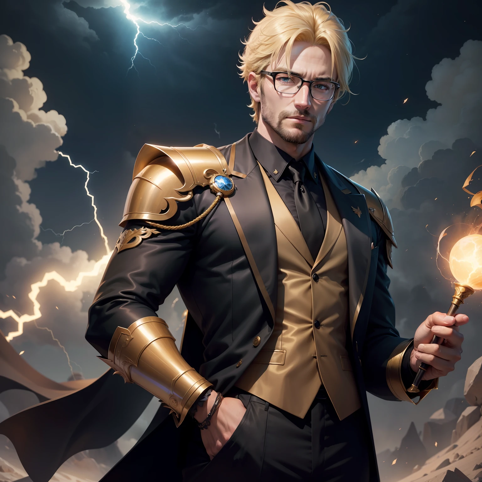The animations are rich in detail,This is a high-quality 8K masterpiece。30-year-old man,A male,bachelorhood,Handsome and handsome,Dull yellow hair,Short,Wear glasses,intelligentsia,Armor for a gentleman's suit,Good at lightning ball magic,Sky background floating,Don't be bearded