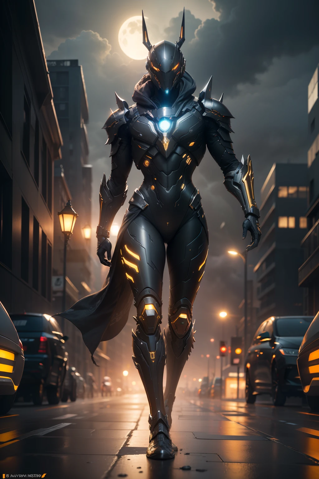 Anubis, WARFRAME, intricate pattern, heavy metal, energy lines, faceless, glowing eyes, elegant, intense, orange and black uniform, solo, modern, city, streets, dark clouds, thunderstorm, heavy rain, dramatic lighting, (masterpiece:1.2), best quality, high resolution, beautiful detailed, extremely detailed, perfect lighting,(full body, (dynamic pose), action pose), (rim lighting, studio lighting, distant moon light, night, bloom), (cinematic, best quality, masterpiece, ultra HD textures, highly detailed, hyper realistic, intricate detail, 8k, photorealistic, concept art, matte painting, autodesk maya, vray render, ray tracing, hdr), (dslr, full frame, 16mm focal length, f/8 aperture, dynamic perspective, dynamic angle, golden ratio, wide photography, wide field of view, deep depth of field, zoom out) techwear, urbansamurai 3d, realistic cyborg in a cyberhelmet head