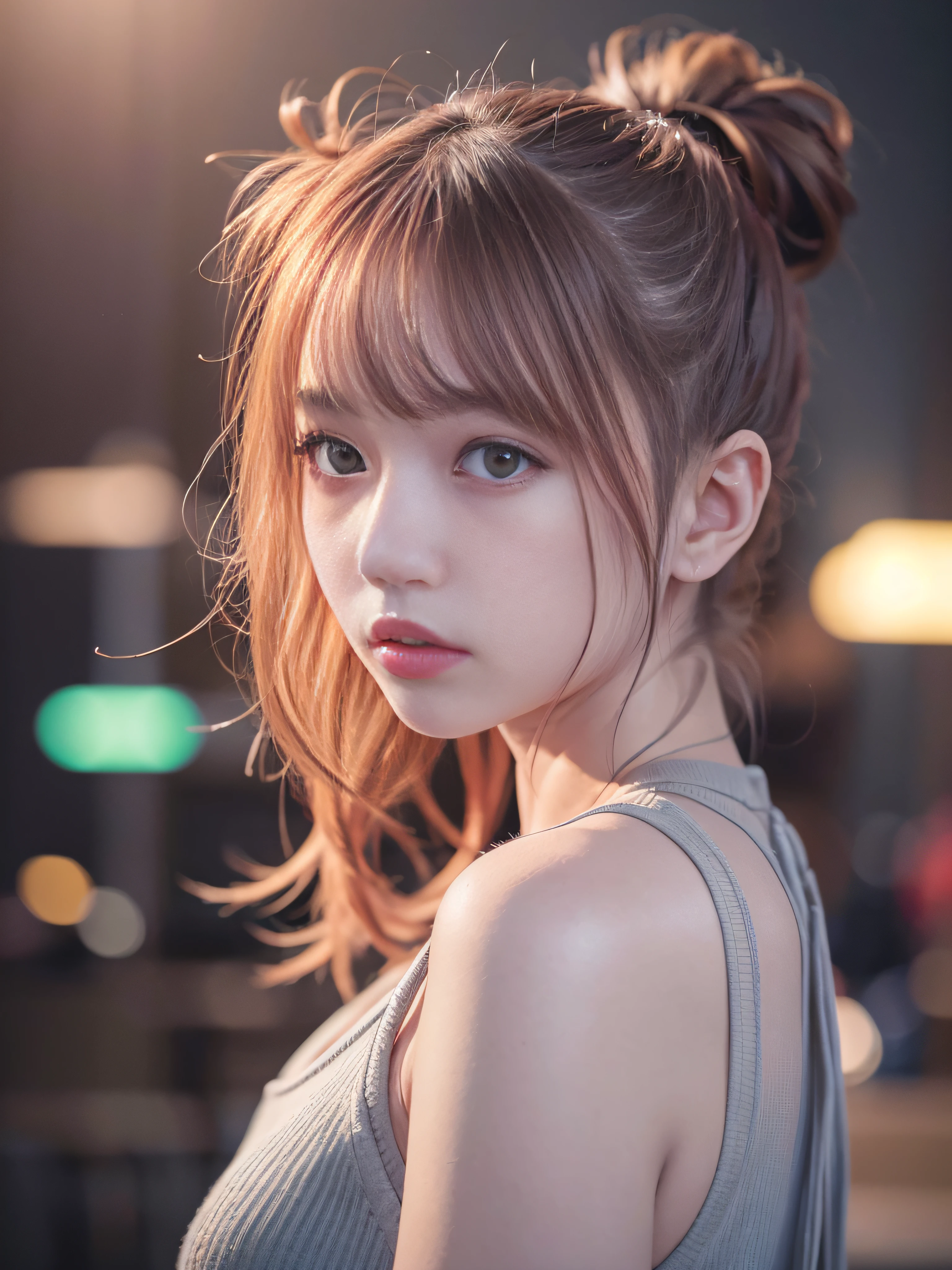 top-quality、​masterpiece、超A high resolution、(Photorealsitic:1.4)、Raw photo、Detailed CG image quality、cyberpunked、Beautiful fece、1girl in、Future hair ornament、Pink Nylon Jumper、Colorful thin latex tank top、cleavage of the breast、detailed portrait、8K picture quality、bright colour、concept-art、Cinematic and dramatic atmosphere、foco nítido、Volumetric lighting、Cinematographic lighting、Wearing studio quality、Colorful neon lighting、depth of fields、Ambient lighting、Blurred foreground、blurry backround:1.3、