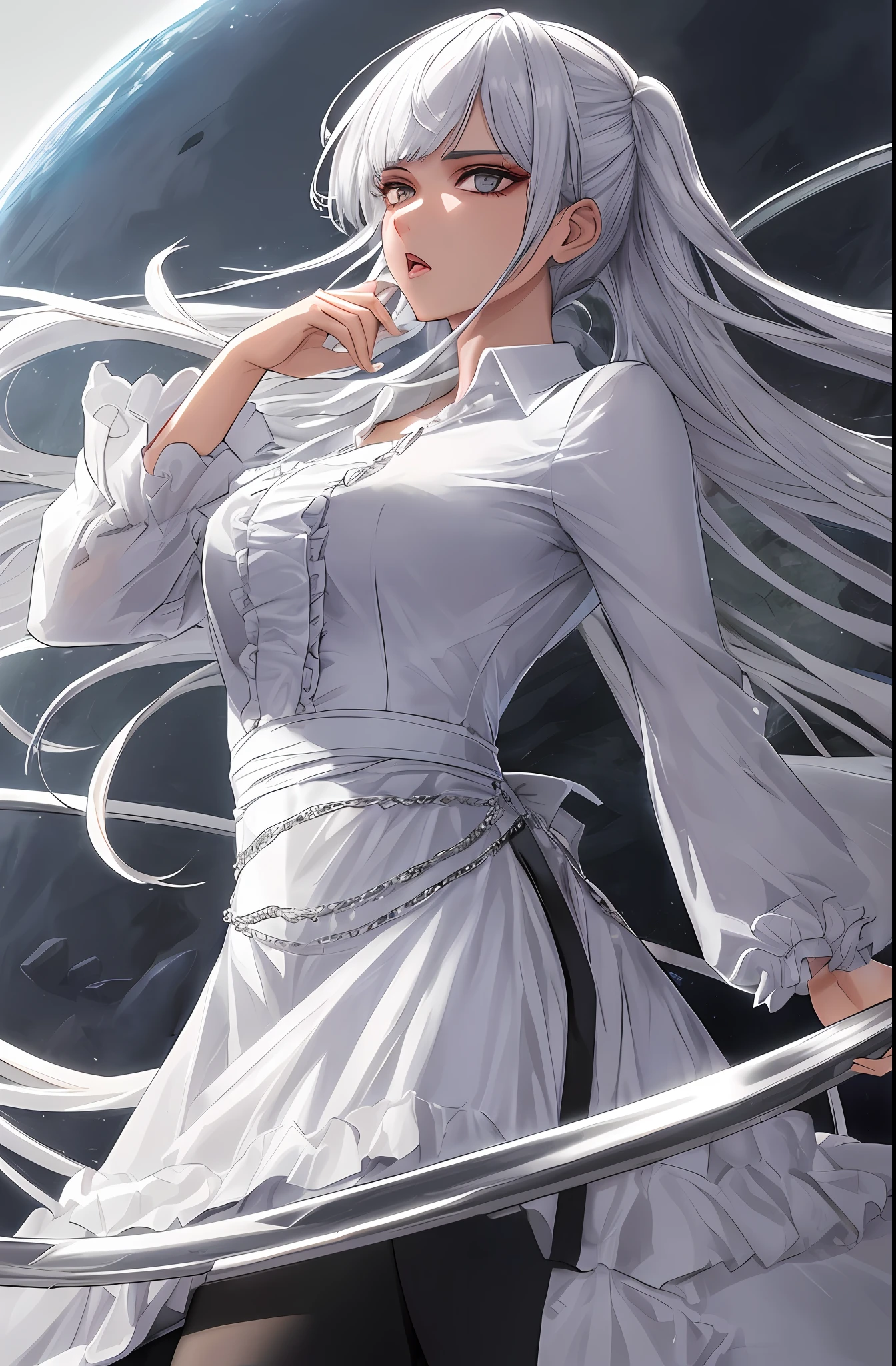 kk, melhor qualidade, mais detalhes, obra-prima, kaneki ken, 1 girl, foco feminino, solo, heterocromia, fundo preto, franja, olhos vermelhos, olho cinzento, cabelo curto, camisa, hand up, cabelo branco, camisa de colarinho, esmalte, camisa preta, Split lips, olhando para o espectador, parte superior do corpo, dentes, unhas pretas, luxo, 8k, detalhado, ray tracing, profundidade de campo, cinematic lighthing, sangue,unhas bem desenhadas, dedos normais