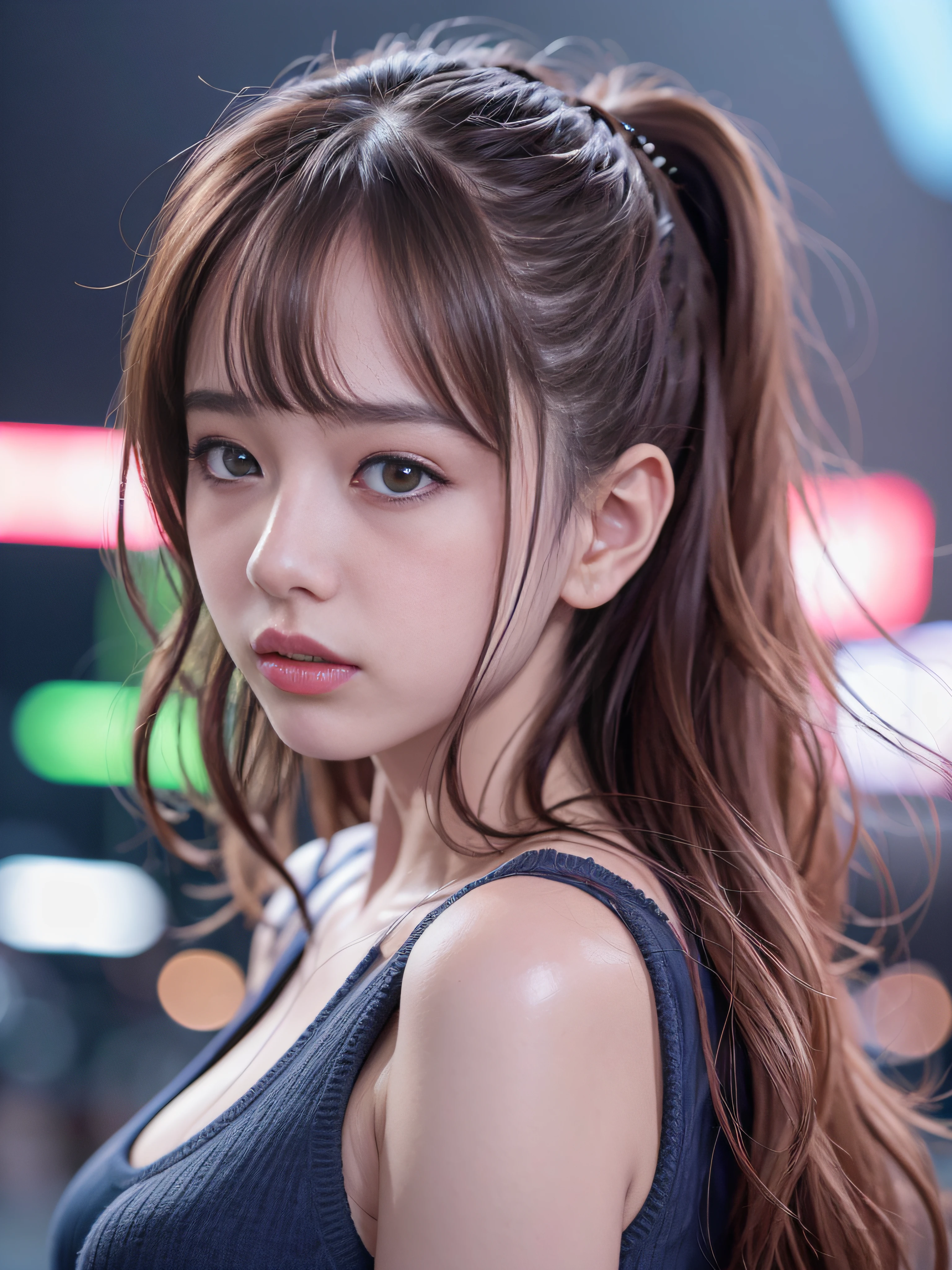 top-quality、​masterpiece、超A high resolution、(Photorealsitic:1.4)、Raw photo、Detailed CG image quality、cyberpunked、Beautiful fece、1girl in、Future hair ornament、Pink Nylon Jumper、Colorful thin latex tank top、cleavage of the breast、detailed portrait、8K picture quality、bright colour、concept-art、Cinematic and dramatic atmosphere、foco nítido、Volumetric lighting、Cinematographic lighting、Wearing studio quality、Colorful neon lighting、depth of fields、Ambient lighting、Blurred foreground、blurry backround:1.3、