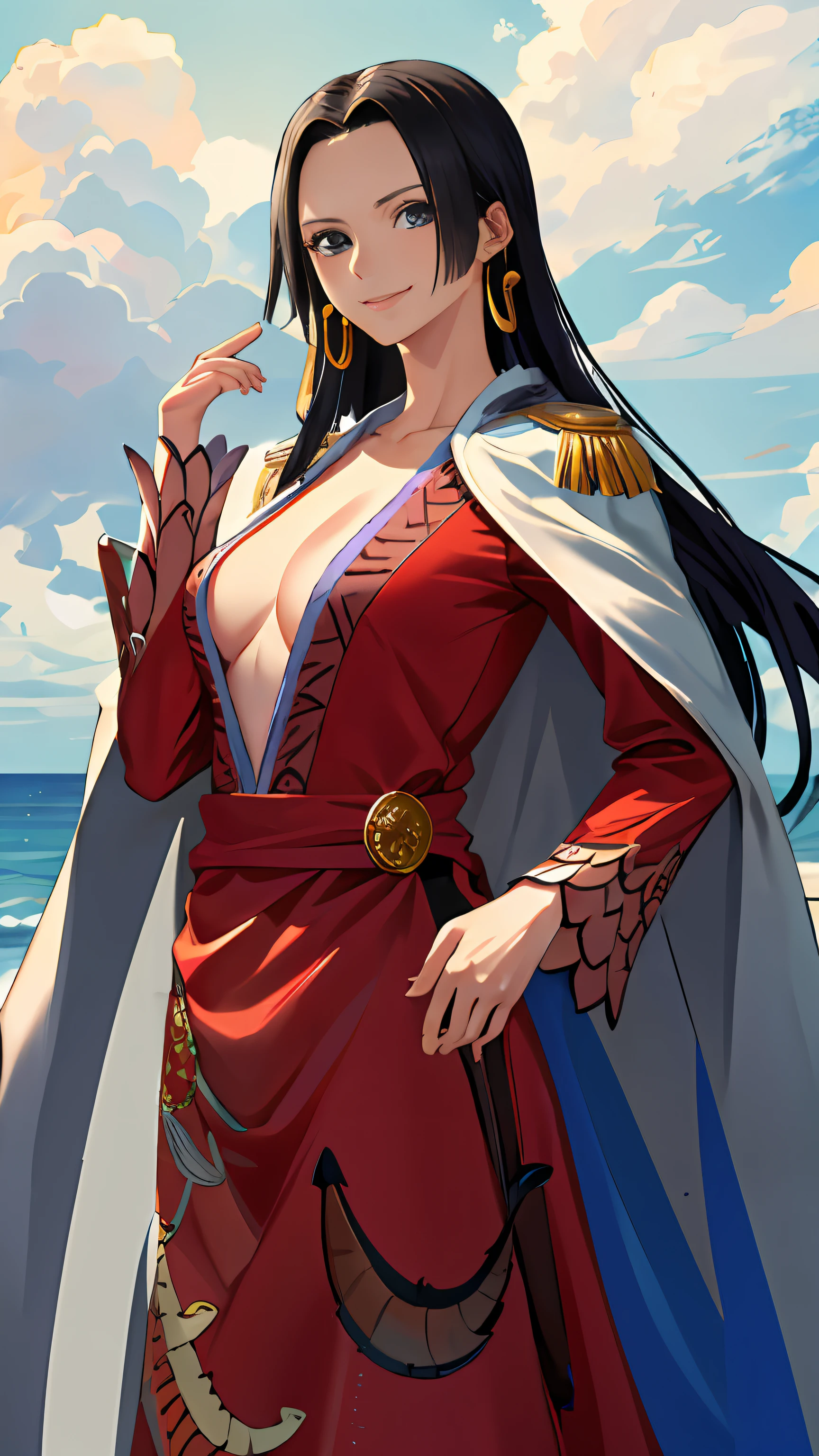 ​masterpiece, top-quality, hight resolution, hancock1, 1girl in, Boa Hancock,, length hair, epaulette, Cape, side slits, cowboy  shot, is standing, looking at the viewers, A smile、(Sea:1.4)、suns、Colossal tits、looking-down