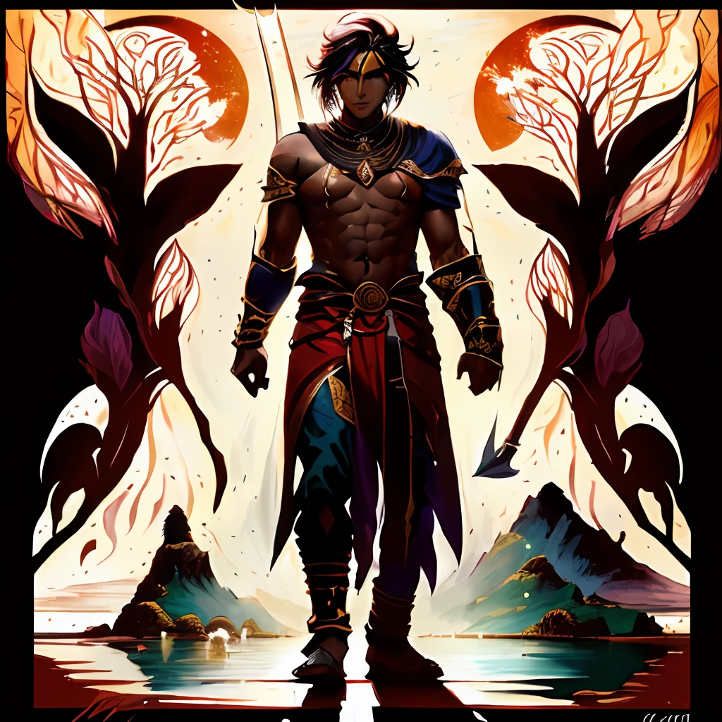 uma pintura de um homem com uma espada em frente a um lago, handsome prince of persia, Djinn human hybrid, djinn man male demon, cara bonito na arte demon slayer, d&d arte do personagem dark sun, asura from chinese myth, epic full color illustration, Ashoka Tano, inspirado em Kailash Chandra Meher