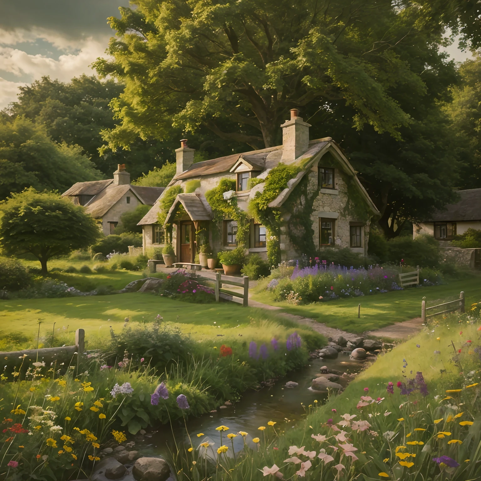 British cottage, countryside, calm picture, warm but dark colours, old cozy house, creek, wildflower meadow, detailed landscape, wallpaper, big oak tree,