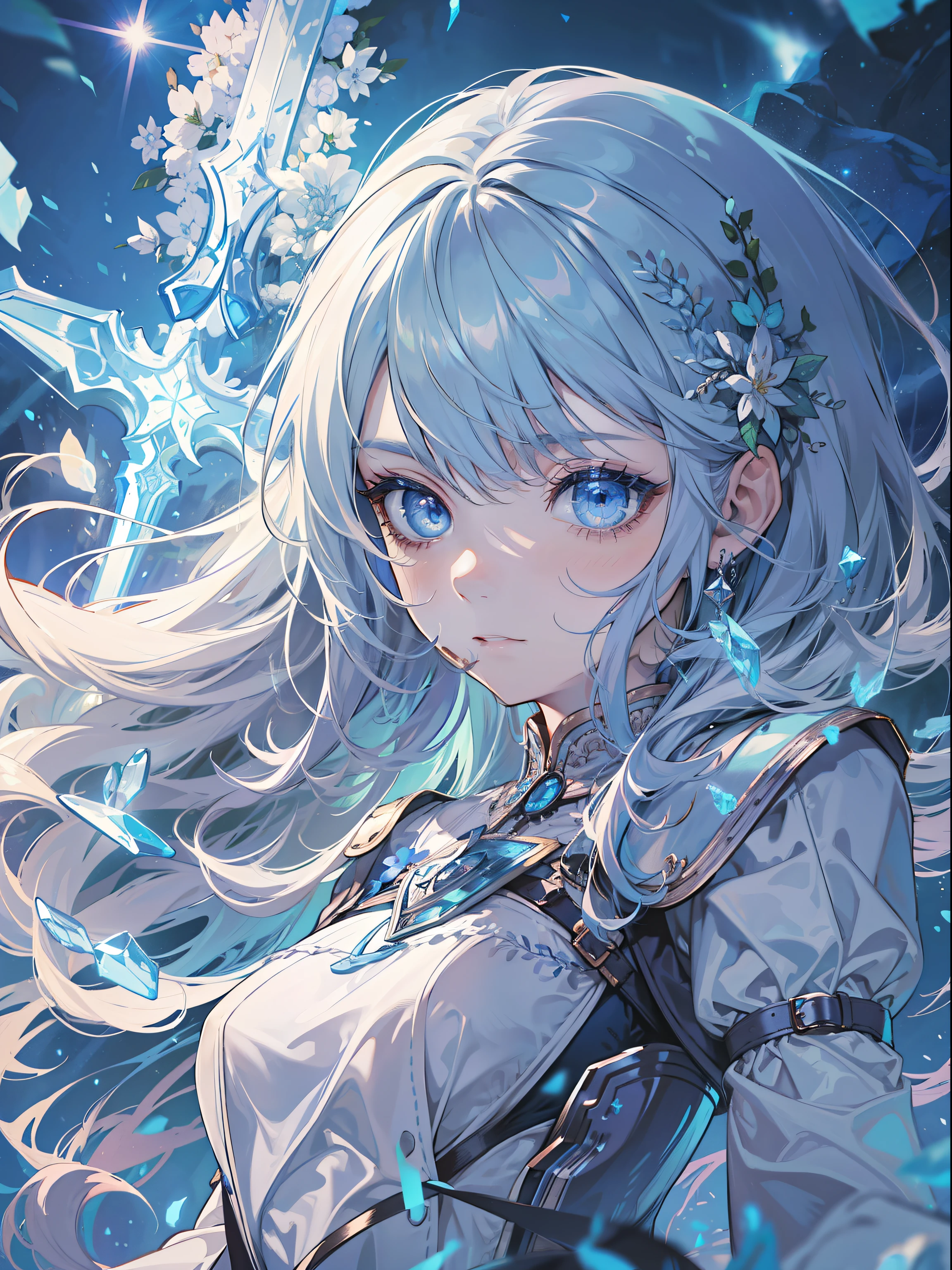 (Super detailed, Best Quality, High Resolution, Masterpiece), 1woman, (light blue medium hair, wearing dress, blue eyes, magician), on war field, has scars on cheek, blood, defeating monster, ice element, ice magic, ice sword, fantasy, night light, beautiful starry sky, good proportion, detailed face, symmetry, detailed finger, detailed accessories, close up face
