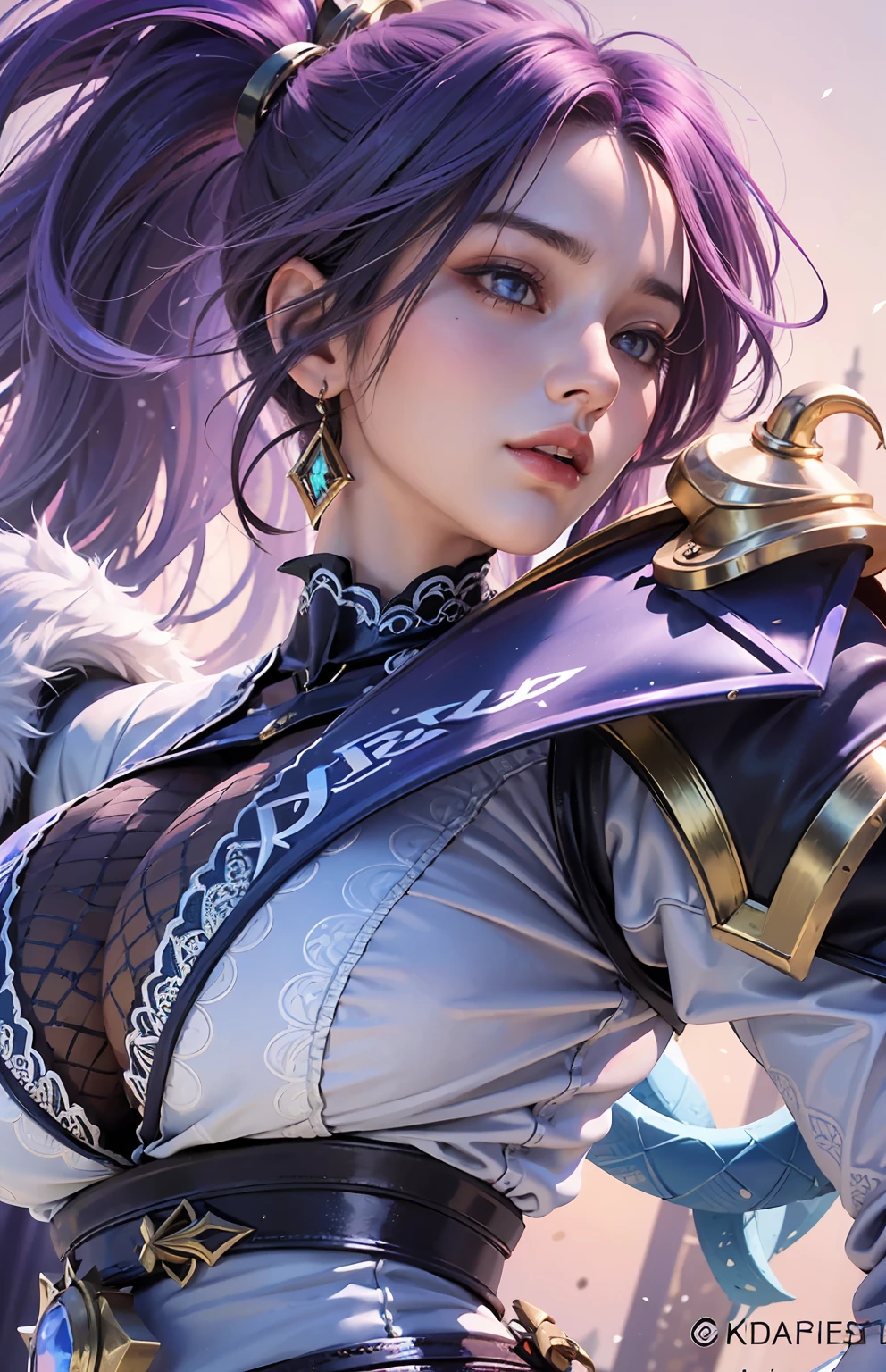 Irelia from League of Legends, KDA Irelia ((Realistic light, Best quality, 8k, Masterpiece :1.3)), Selfie, 1girl, Pretty woman with perfect figure :1.4, abs :1.1, (Light Purpel hair, Huge breasts :1.5), arabic dress :1.2, Bed, Ultra-detailed face, Detailed eyes, Double eyelid, perfect hands perfect fingers perfect breasts perfect hair perfect face perfect body
