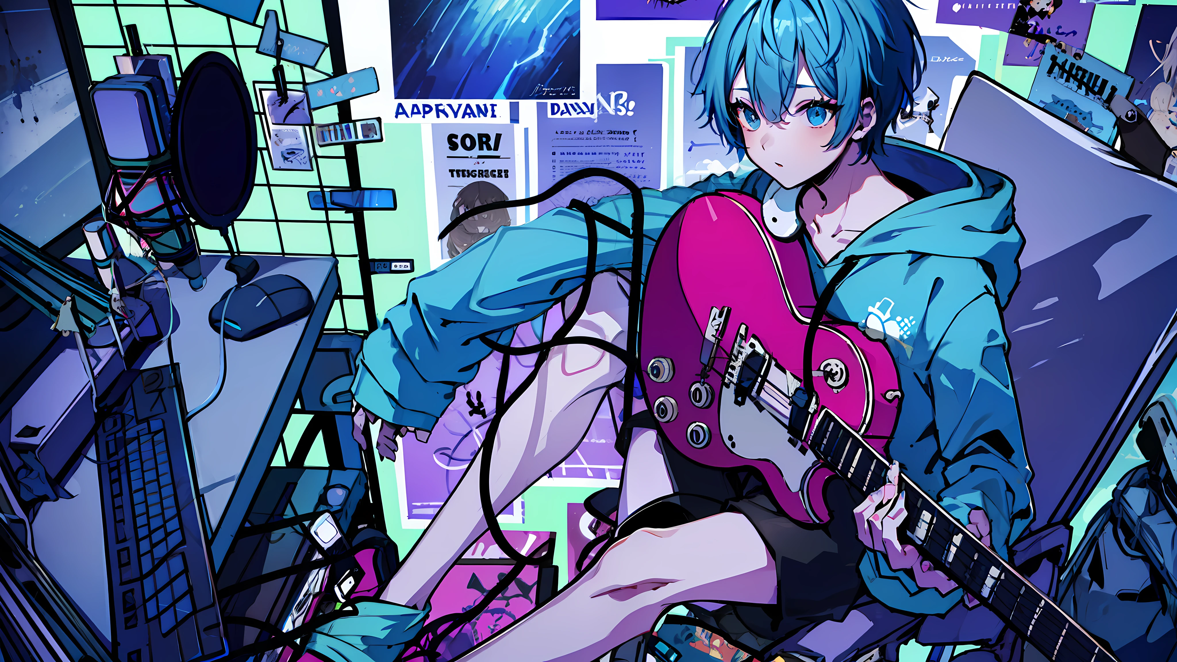 masterpiece, high quality, full body, ((1boy)), (blue hoodie), (Boy Messy Japanese Round Haircut for Thick Hair), (blue hair), black shorts, ((solo)), fashionable, overdose, 1boy, solo, holding, sitting, chair, instrument, microphone, guitar, cable, computer, monitor, holding instrument, electric guitar, poster (object), keyboard (computer), mouse (computer), amplifier,