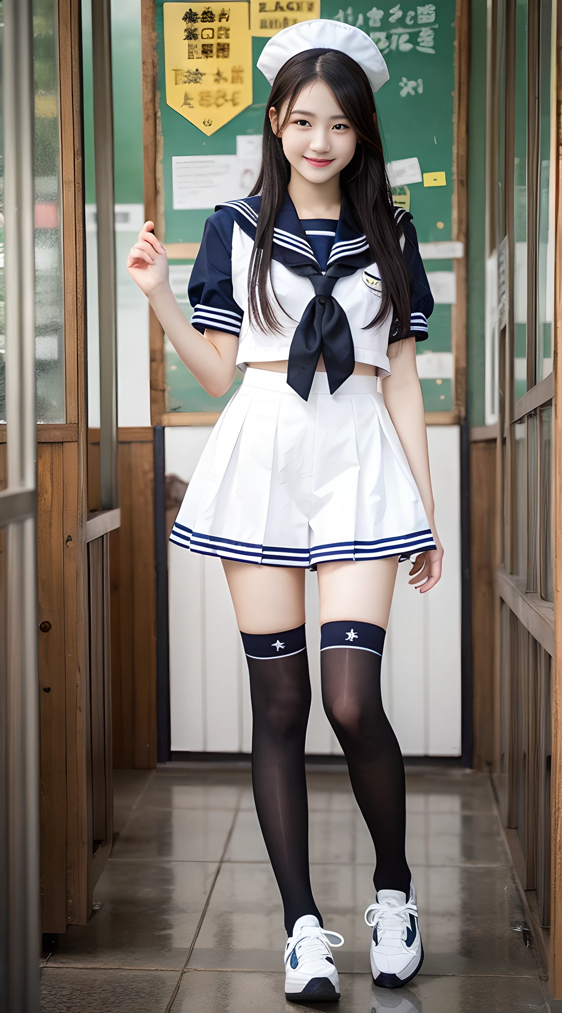 1girl, Cute, black-haired, 14 years old, Smile, Looks pure, Sailor Suit, Photography, Realistic, Best Quality, Detailed face, Full body, slender, Slender legs, Long legs, Wearing thigh-high socks, shoes on, School, Classroom
