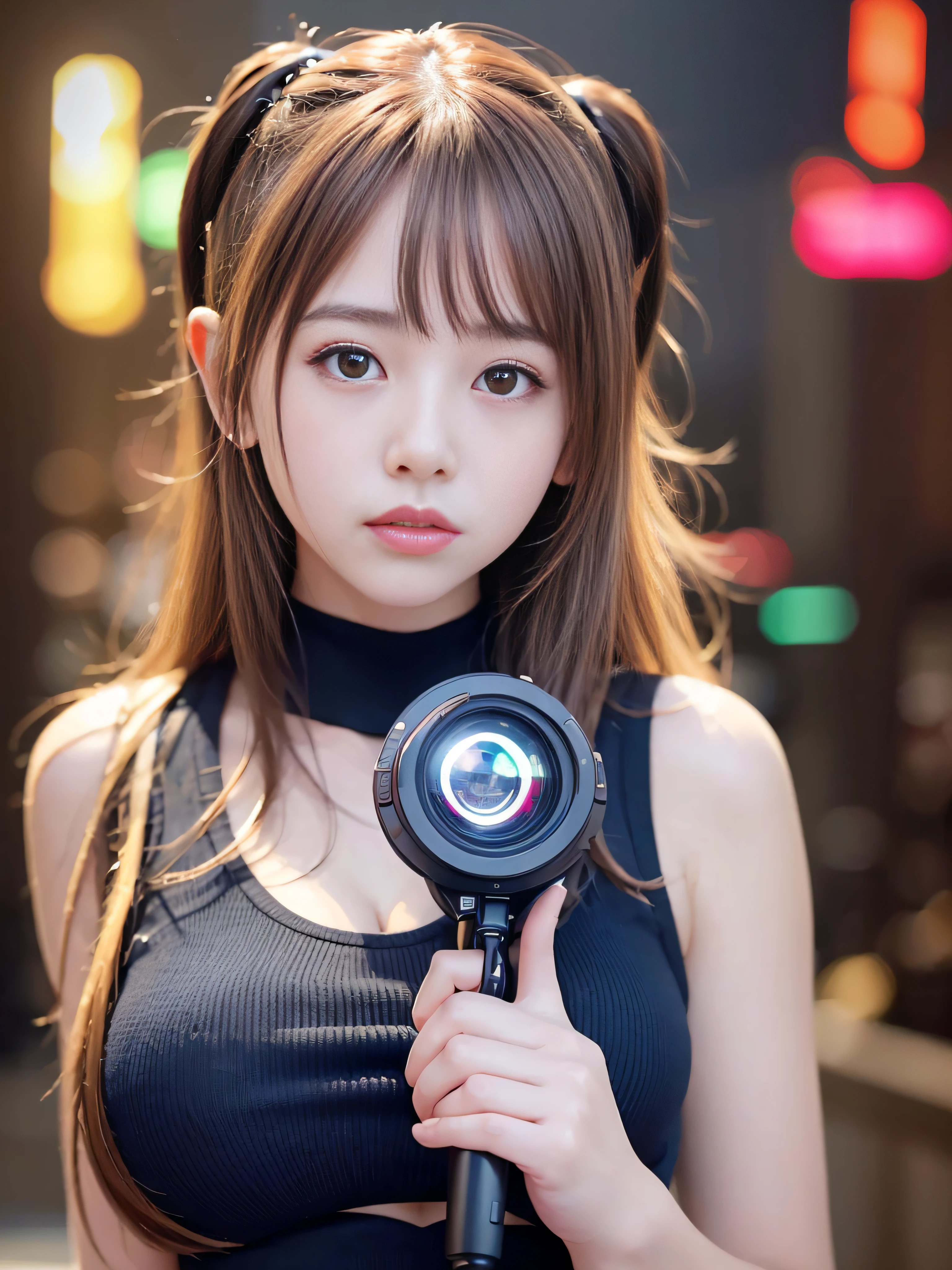 top-quality、masterpiece、超A high resolution、(Photorealsitic:1.4)、Raw photo、Detailed CG image quality、cyberpunked、Beautiful fece、1girl in、Future hair ornament、Pink Nylon Jumper、Colorful thin latex tank top、cleavage of the breast、detailed portrait、8K picture quality、bright colour、concept-art、Cinematic and dramatic atmosphere、foco nítido、Volumetric lighting、Cinematographic lighting、Wearing studio quality、Colorful neon lighting、depth of fields、Ambient lighting、Blurred foreground、blurry backround:1.3、