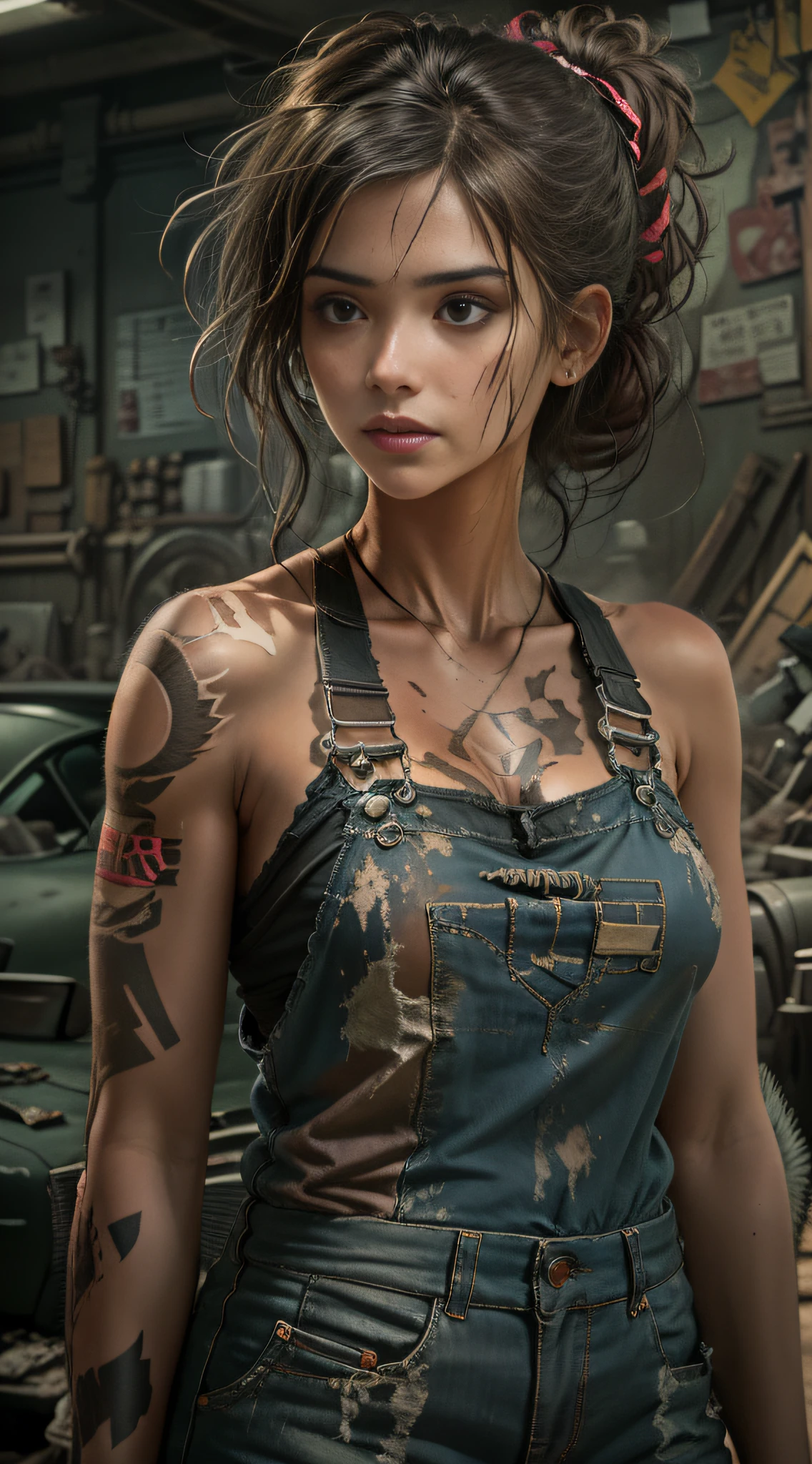 ((best quality)), ((masterpiece)), (detailed), mesmerizing and alluring female mechanic covered in grease, (Dirty and rugged charm:1.2), (tough and confident demeanor:1.1), (mechanical expertise:1.3), disheveled hair, smudged face with a playful smirk, stained overalls clinging to her curves, (gritty tools of the trade:1.2), cluttered repair shop, scattered car parts, (authentic automotive ambiance:1.2), (intense gaze:1.1), gripping a wrench in her dirty hands, 8k resolution,looking at another, looking away,( tattoo:1.2), masterpiece, best quality,