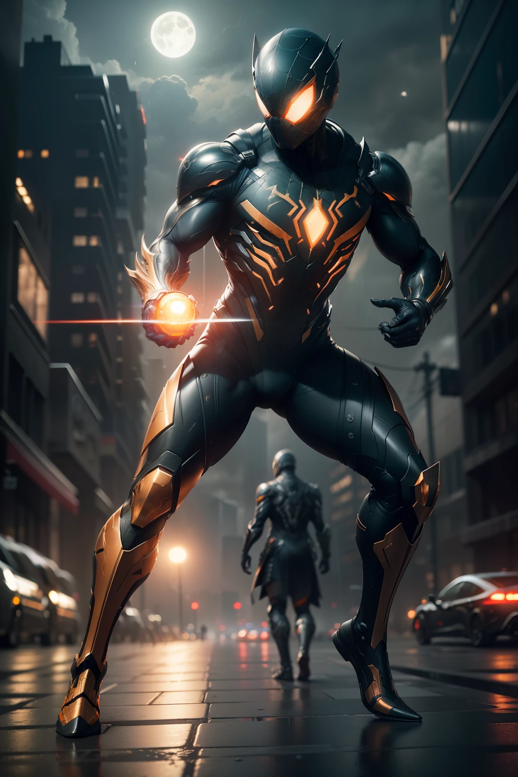 Spiderman, WARFRAME, intricate pattern, heavy metal, energy lines, faceless, glowing eyes, elegant, intense, orange and white uniform, solo, modern, city, streets, dark clouds, thunderstorm, heavy rain, dramatic lighting, (masterpiece:1.2), best quality, high resolution, beautiful detailed, extremely detailed, perfect lighting,(full body, (dynamic pose), action pose), (rim lighting, studio lighting, distant moon light, night, bloom), (cinematic, best quality, masterpiece, ultra HD textures, highly detailed, hyper realistic, intricate detail, 8k, photorealistic, concept art, matte painting, autodesk maya, vray render, ray tracing, hdr), (dslr, full frame, 16mm focal length, f/8 aperture, dynamic perspective, dynamic angle, golden ratio, wide photography, wide field of view, deep depth of field, zoom out) techwear, urbansamurai 3d, realistic cyborg in a cyberhelmet head
