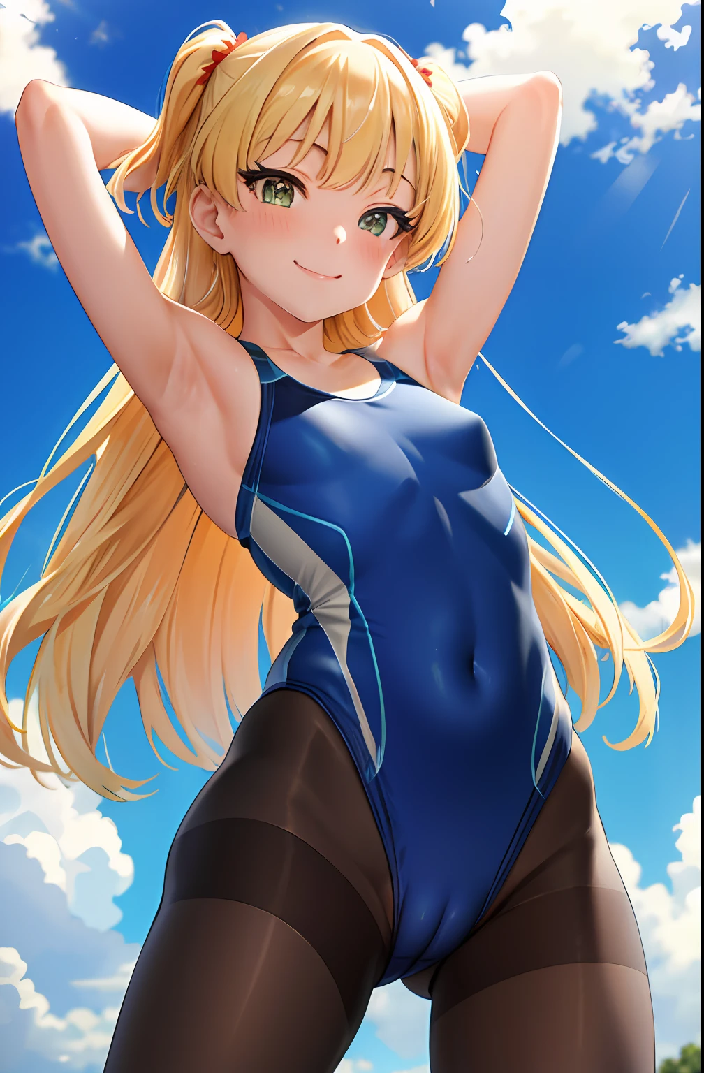 Blue competitive swimsuit , Competitive swimsuit , RikaJou, 1girl, 独奏, length hair, blonde  hair, verd s eyes, tusk, a smile, is standing, dynamicposes, 8k, ​masterpiece, top-quality, absurderes, perfect anatomia,cowboy  shot , cameltoe , Armpit show , hands behind head, Pantyhose under swimsuit , pantyhose_under_swimsuit