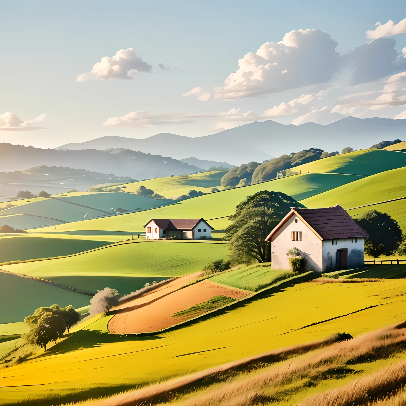 A sunny setting with a small house in the countryside. O jumentinho, com um olhar animado, entra correndo na cena
