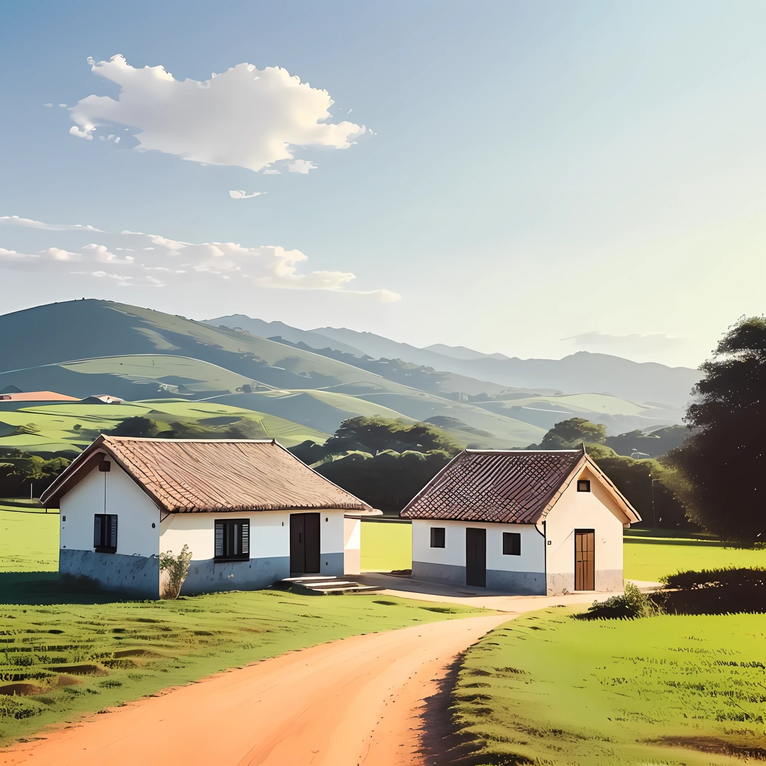 A sunny setting with a small house in the countryside. O jumentinho, com um olhar animado, entra correndo na cena