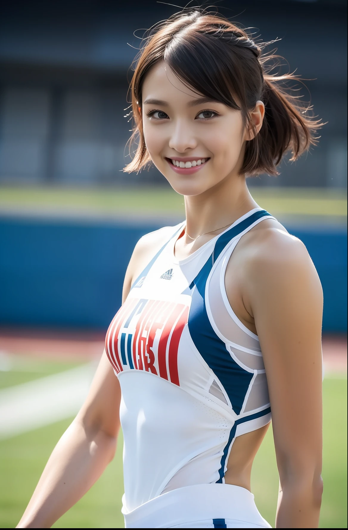 (((full bodyesbian)))、((Short-cut hairstyles))、Perfect style、beauty legs、kawaii、((Track & Field Athletes Women))、japanese beauty girl、(((1人)))、Competition uniforms、((stadium))、Transcendent cute、A slight smil、Beautiful breasts、full bodyesbian、athletic field、((Outstanding style))、((Healthy body))、 Photorealsitic、Beautiful detailed eyes、Hyper-Realism、highcontrast、Ultra HD、realistic skin textures、Top image quality、top-quality、超A high resolution、Fine details、Very meticulously