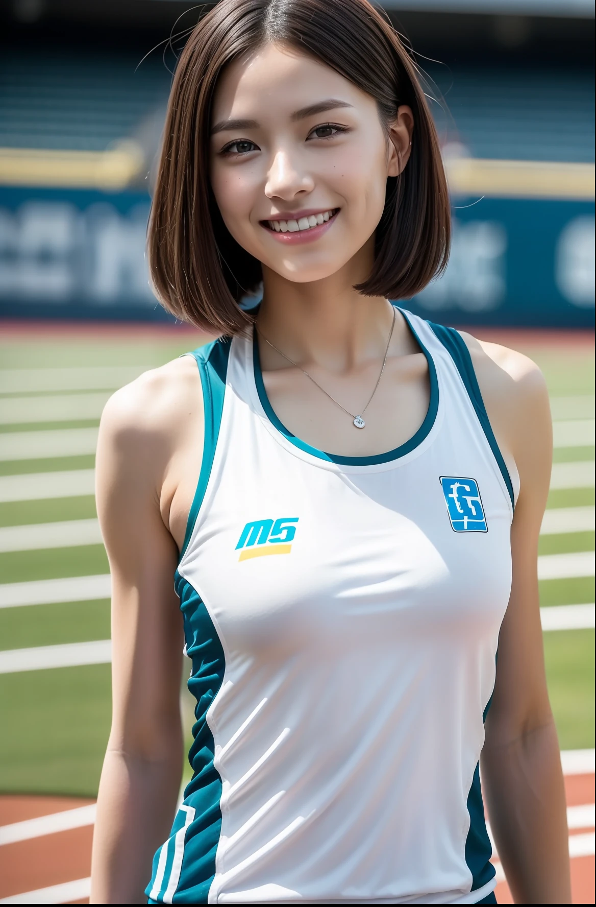 (((full bodyesbian)))、((Short-cut hairstyles))、Perfect style、beauty legs、kawaii、((Track & Field Athletes Women))、japanese beauty girl、(((1人)))、Competition uniforms、((stadium))、Transcendent cute、A slight smil、Beautiful breasts、full bodyesbian、athletic field、((Outstanding style))、((Healthy body))、 Photorealsitic、Beautiful detailed eyes、Hyper-Realism、highcontrast、Ultra HD、realistic skin textures、Top image quality、top-quality、超A high resolution、Fine details、Very meticulously