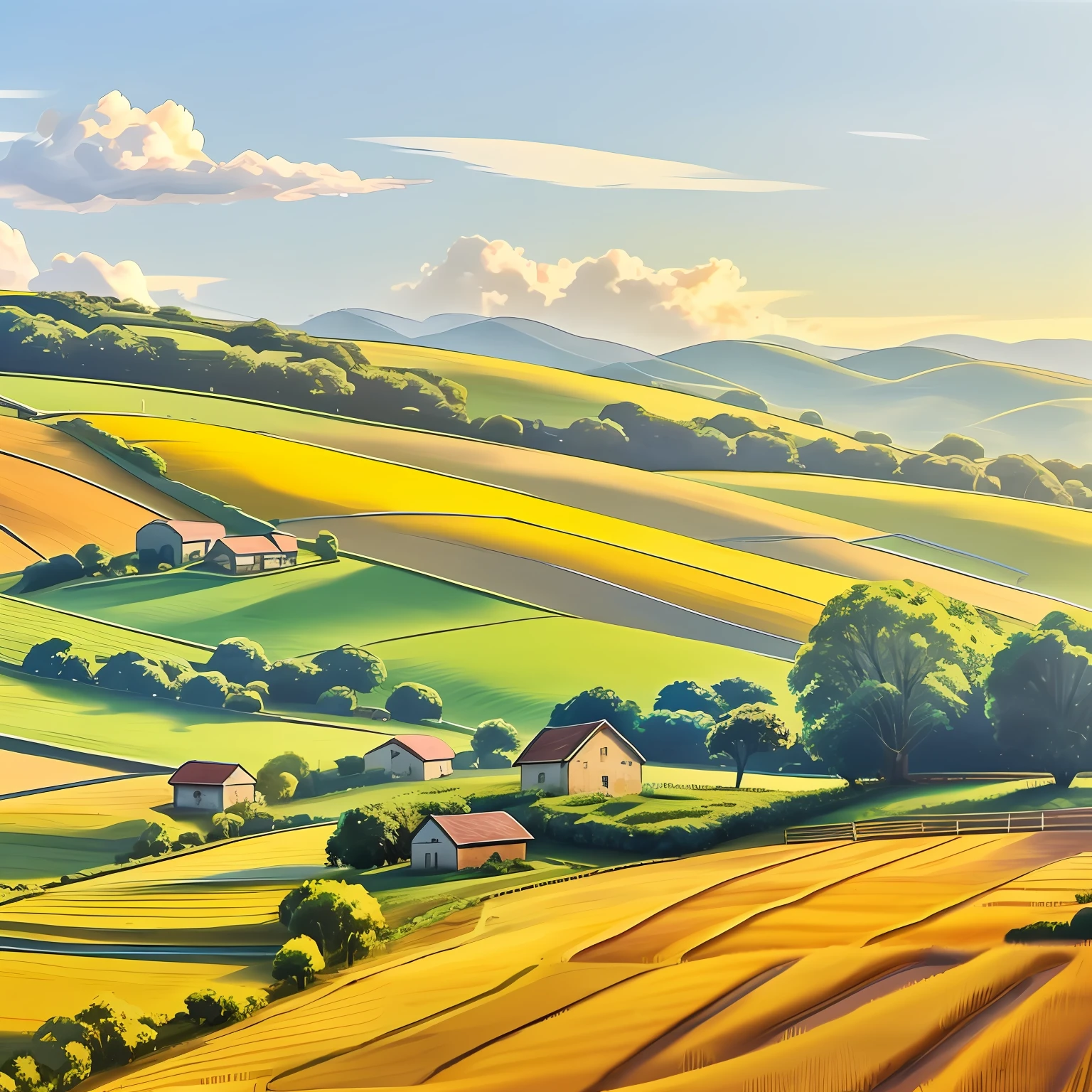 A sunny setting with a small house in the countryside. O jumentinho, com um olhar animado, entra correndo na cena