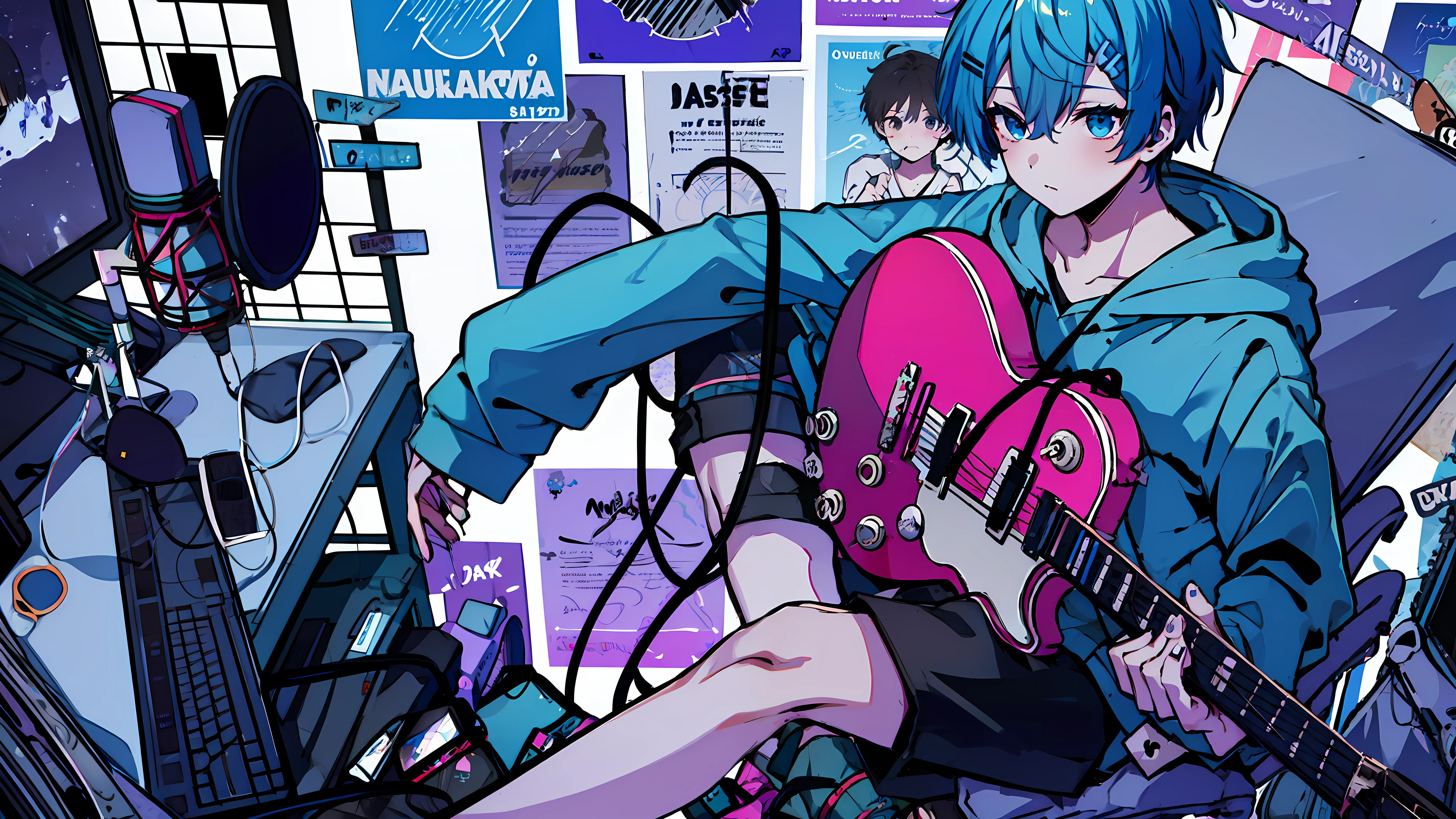 masterpiece, high quality, full body, ((1boy)), (blue hoodie), (Boy Messy Japanese Round Haircut for Thick Hair), (blue hair), black shorts, ((solo)), fashionable, overdose, 1boy, solo, holding, sitting, chair, instrument, microphone, guitar, cable, computer, monitor, holding instrument, electric guitar, poster (object), keyboard (computer), mouse (computer), amplifier,