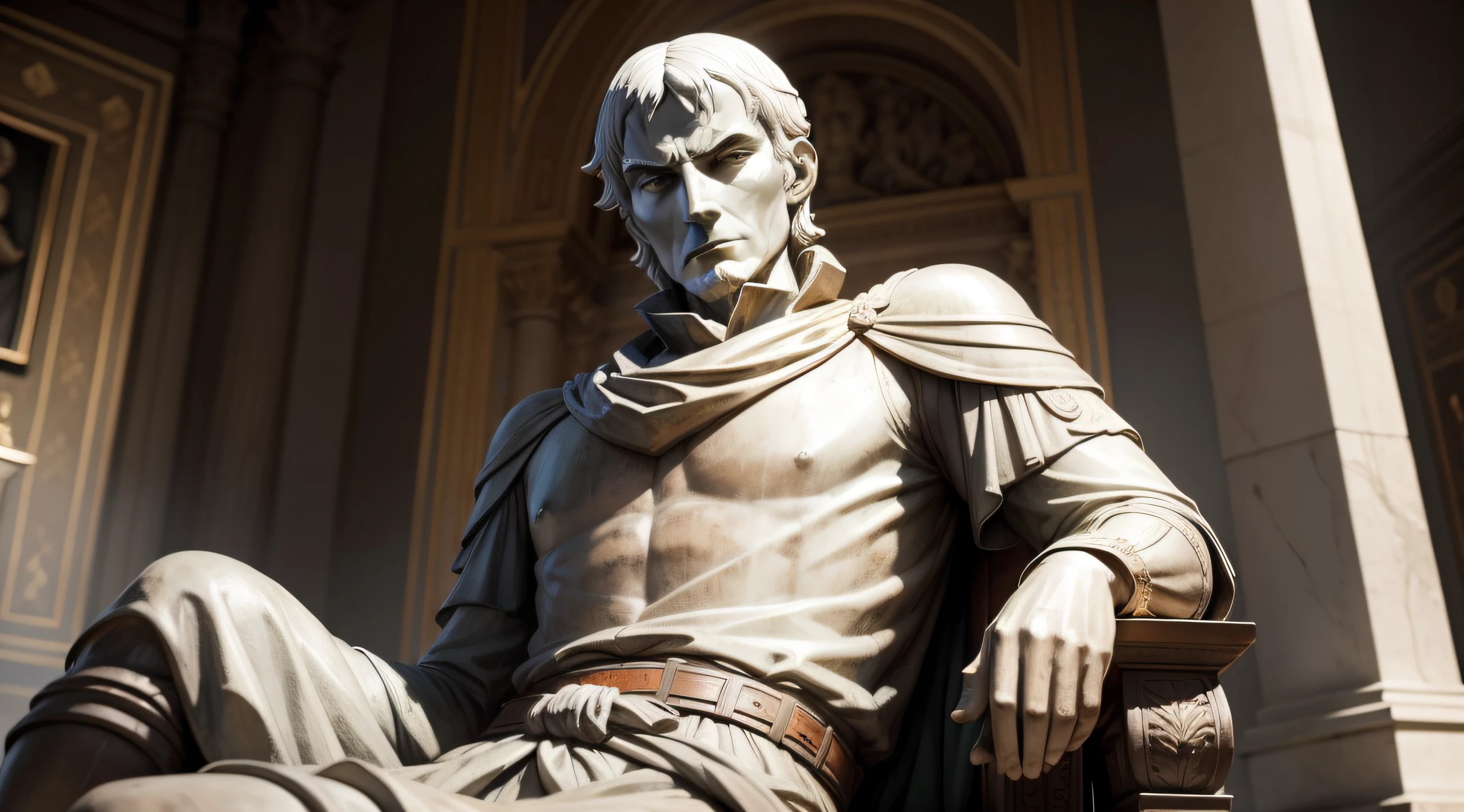 Statue of the great philosopher Niccolò Machiavelli, pensive and imposing, old man, emperor