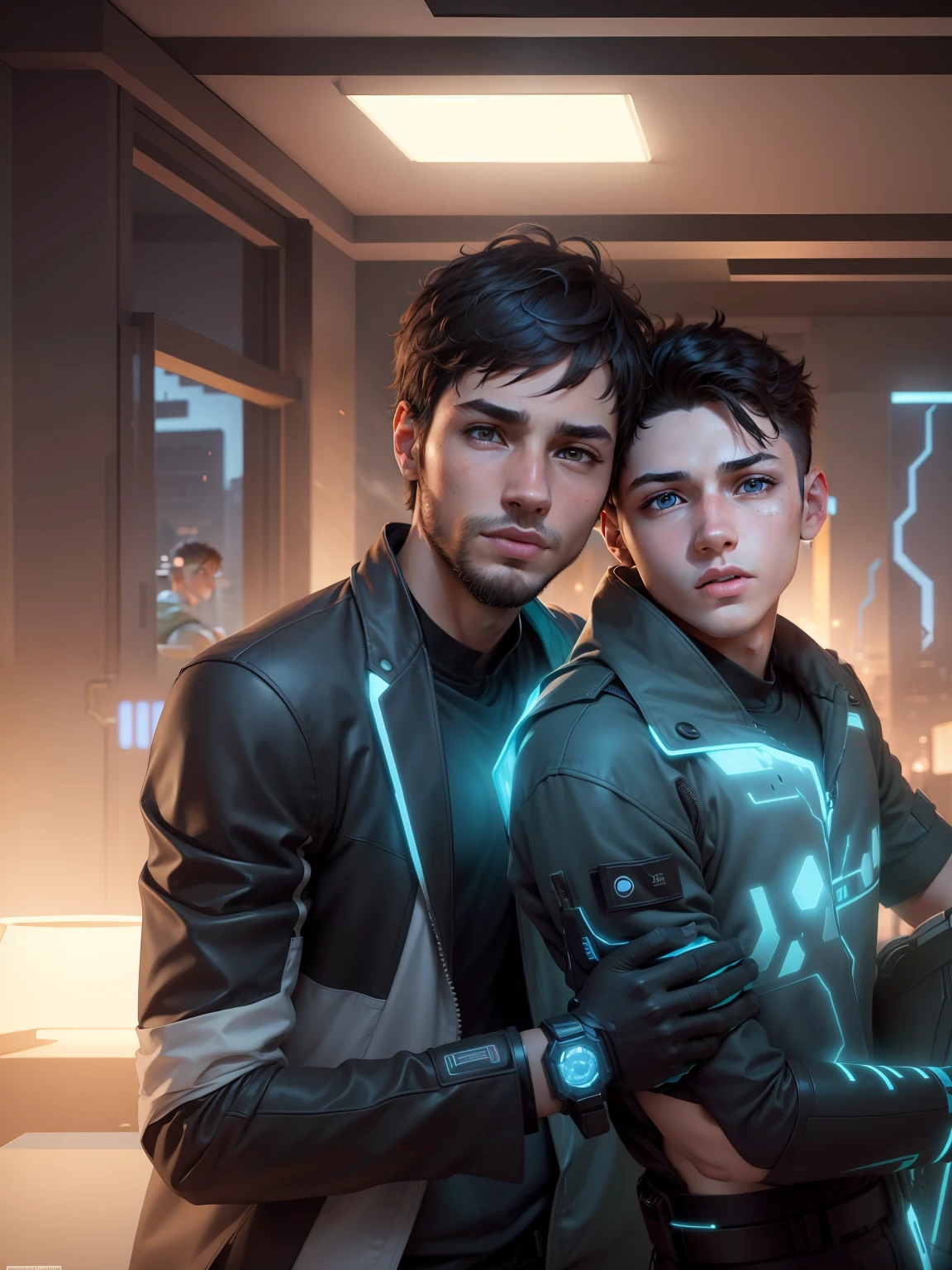 a very realistic avatar of two boys with high definition quality everything looking realistic and natural., create an avatar in which everything similar with attached photo nothing changed looking masterpiece, and face must be clear and brighen and background. 4k ulra Hd. cyberpunk background.