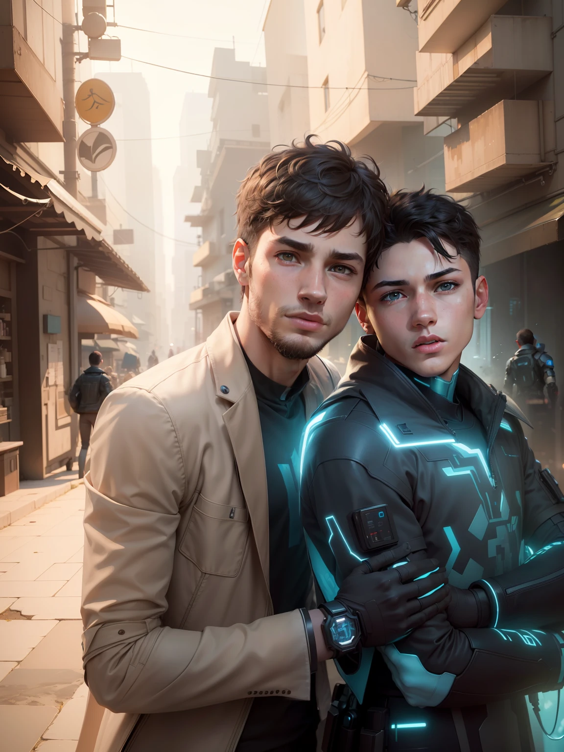 a very realistic avatar of two boys with high definition quality everything looking realistic and natural., create an avatar in which everything similar with attached photo nothing changed looking masterpiece, and face must be clear and brighen and background. 4k ulra Hd. cyberpunk background.