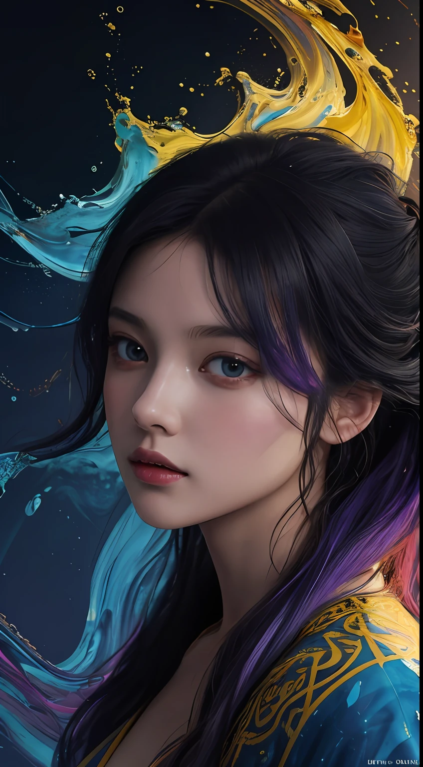 Colorful beautiful girl: a giru 8-years old, messy hair, oil painting, nice perfect face with soft skinice perfect face, blue yellow colors, light purple and violet additions, light red additions, intricate detail, splash screen, 8k resolution, masterpiece, cute face,artstation digital painting smooth veryBlack ink flow: 8k resolution photorealistic masterpiece: intricately detailed fluid gouache painting: by Jean Baptiste Mongue: calligraphy: acrylic: watercolor art, professional photography, natural lighting, volumetric lighting maximalist photoillustration: by marton bobzert:, complex, elegant, expansive, fantastical,  wavy hair, vibrant