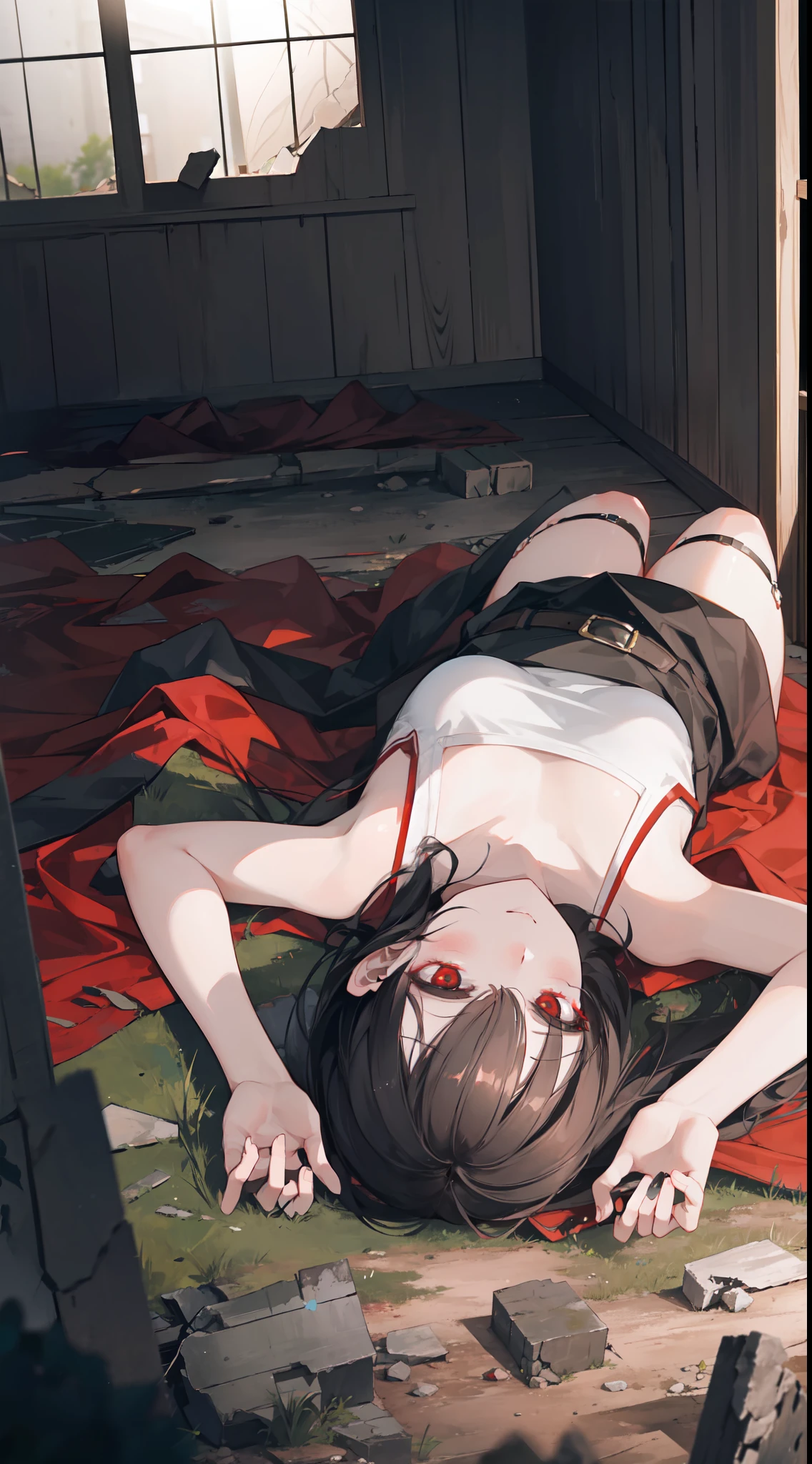 "Epic, dark scene with ruins, featuring a black-haired mature female with glow red eyes, expressing deep sorrow as they lay on the ground."