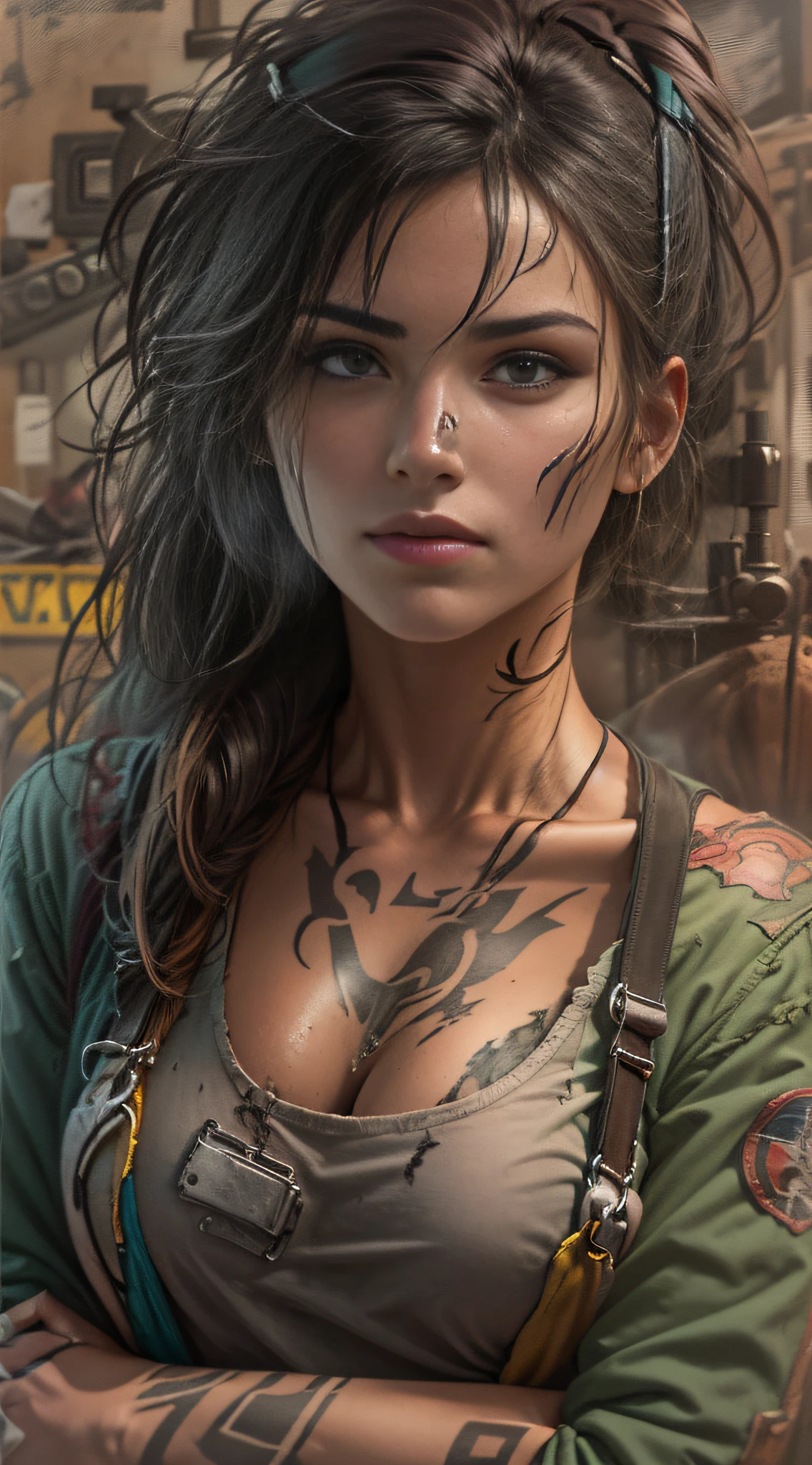 ((best quality)), ((masterpiece)), (detailed), mesmerizing and alluring female mechanic covered in grease, (Dirty and rugged charm:1.2), (tough and confident demeanor:1.1), (mechanical expertise:1.3), disheveled hair, smudged face with a playful smirk, stained overalls clinging to her curves, (gritty tools of the trade:1.2), cluttered repair shop, scattered car parts, (authentic automotive ambiance:1.2), (intense gaze:1.1), gripping a wrench in her dirty hands, 8k resolution,looking at another, looking away,( tattoo:1.2), masterpiece, best quality,