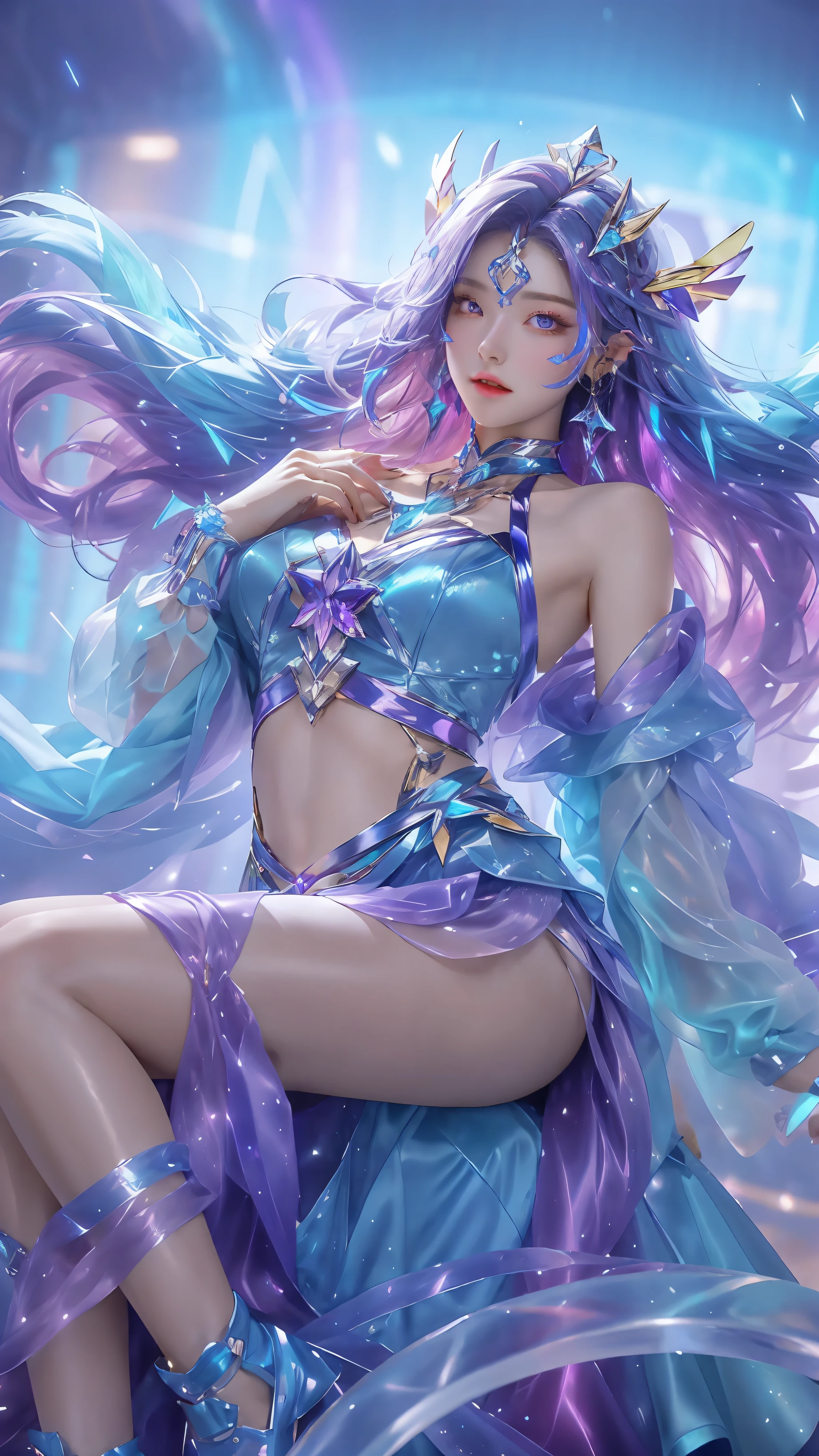 best quality, 1 girl, kda, solo, long hair, blue dress, looking at viewer, upper body, multicolored glowing crystals