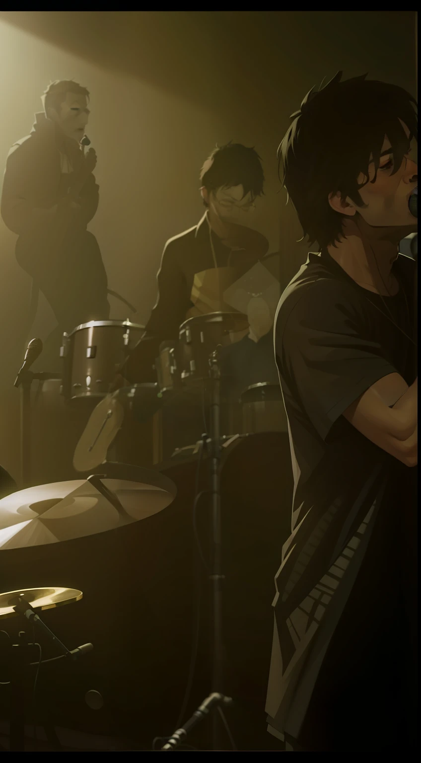 A band playing music, with a main man singing with the microphone hand